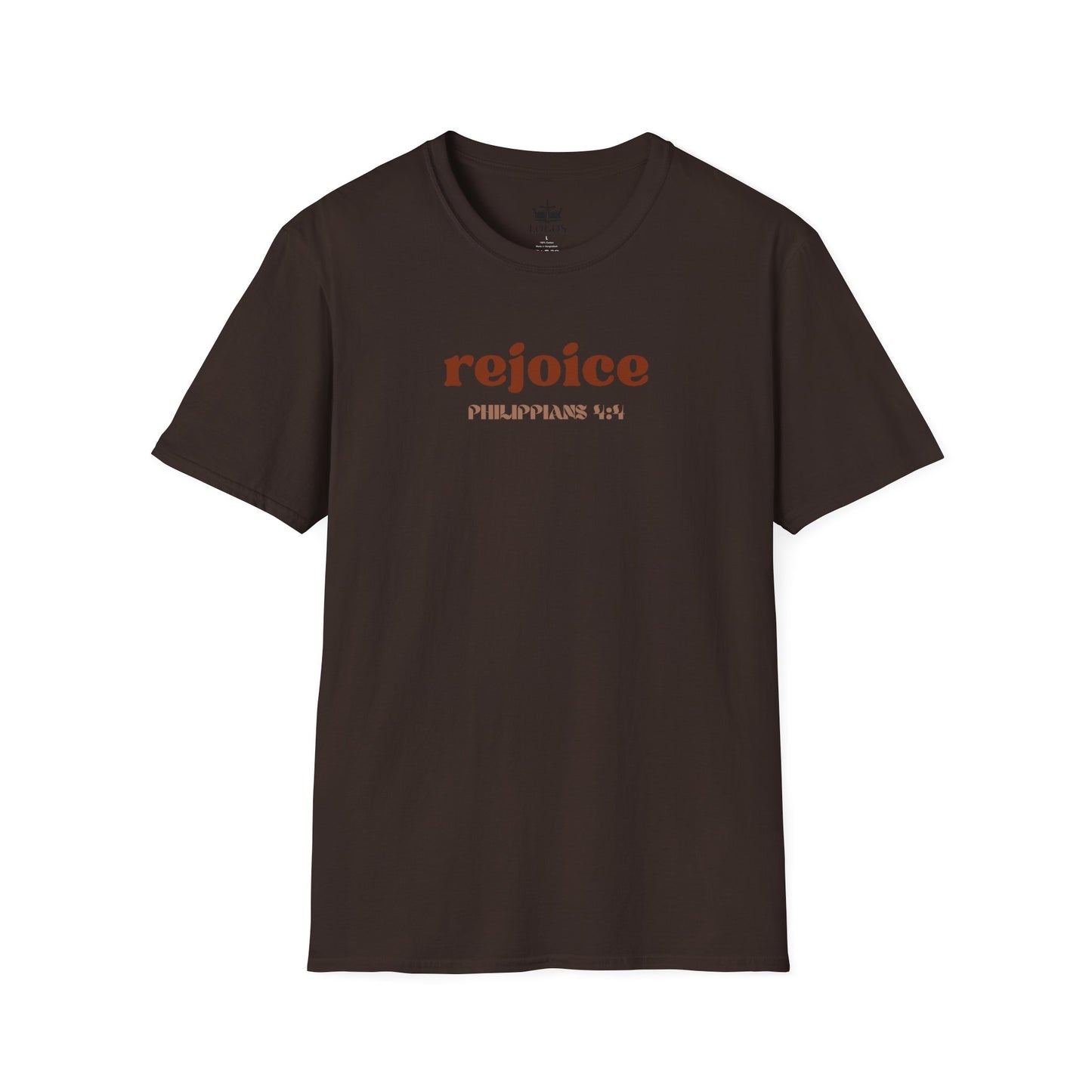 Rejoice in the Lord shirt in dark brown with inspirational Philippians 4:4 text
