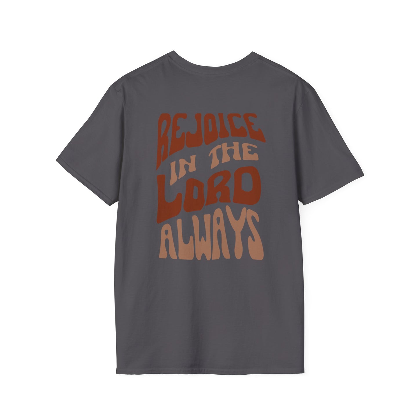 Gray Rejoice in the Lord shirt with bold retro typography design on back