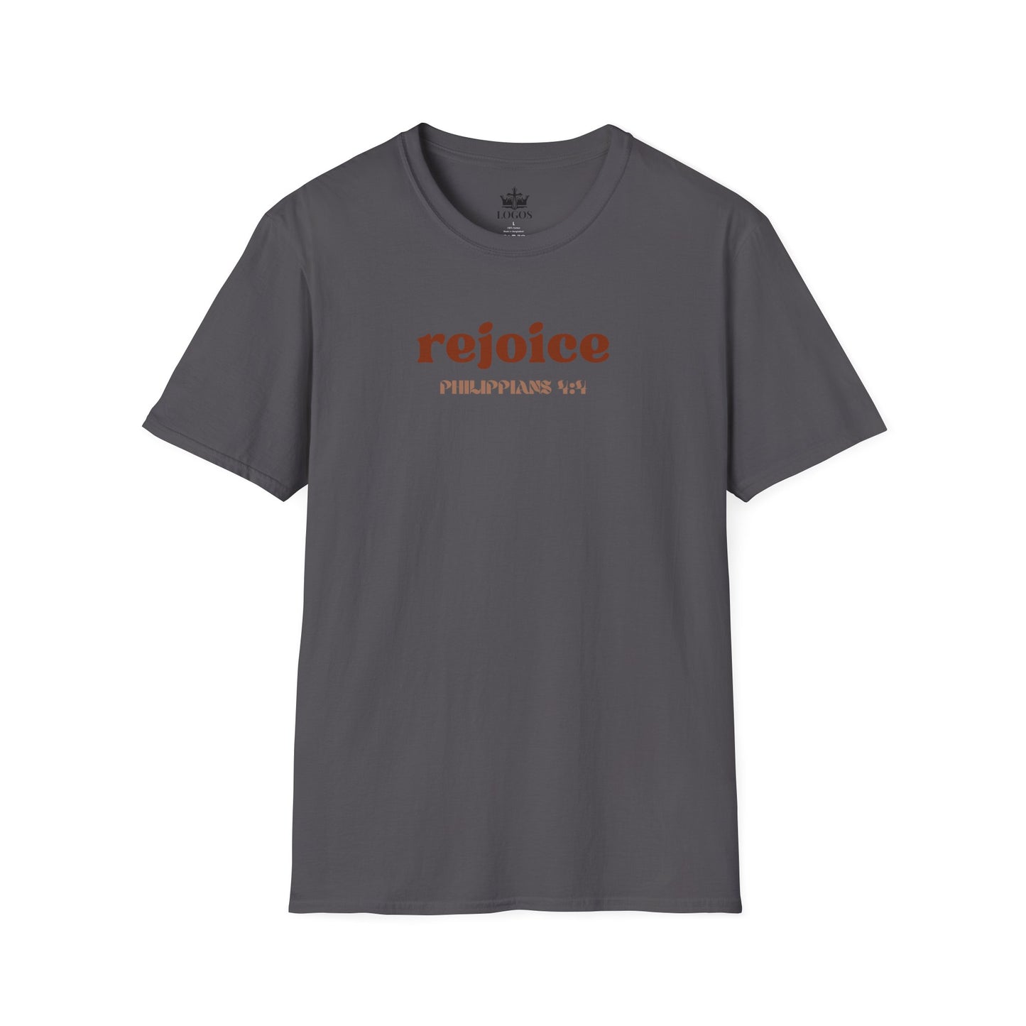 Gray Rejoice in the Lord shirt featuring Philippians 4:4 in stylish lettering