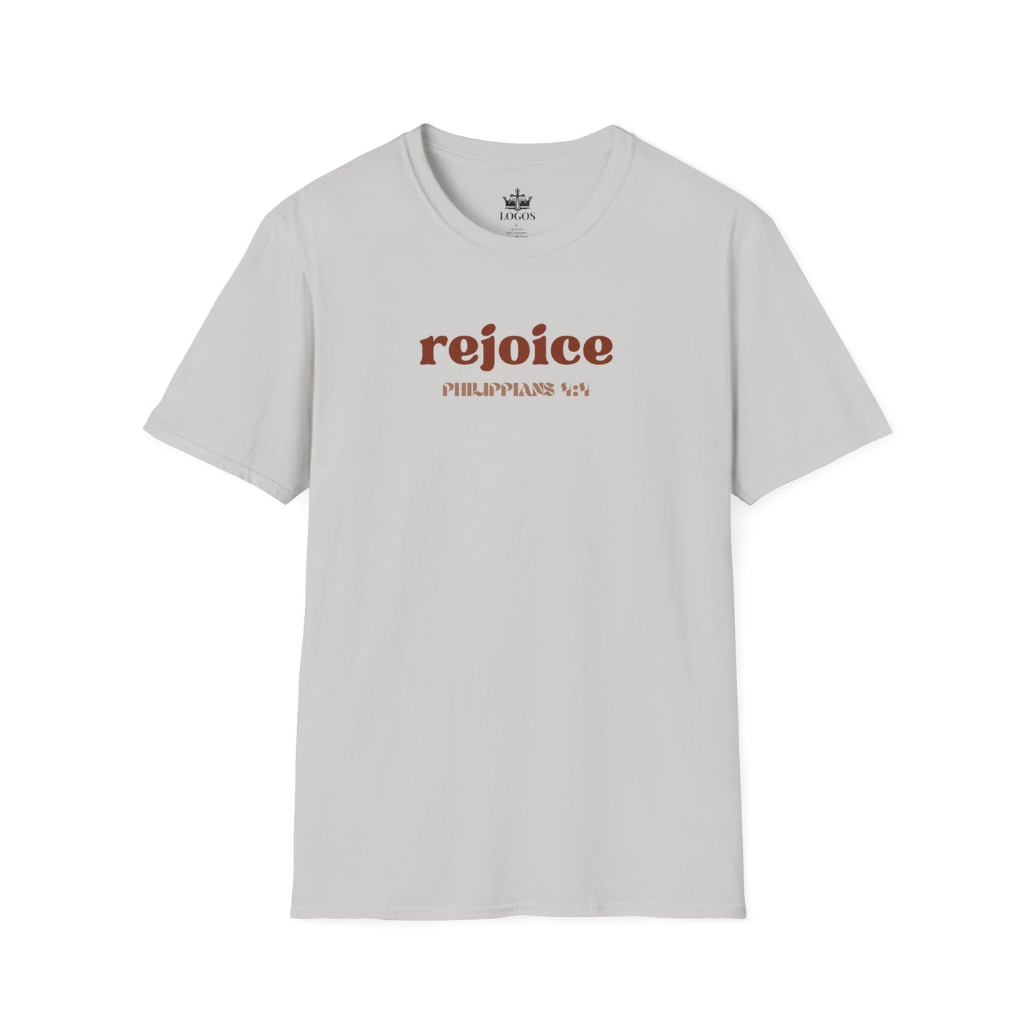Light gray Rejoice in the Lord shirt with Philippians 4:4 printed in stylish font