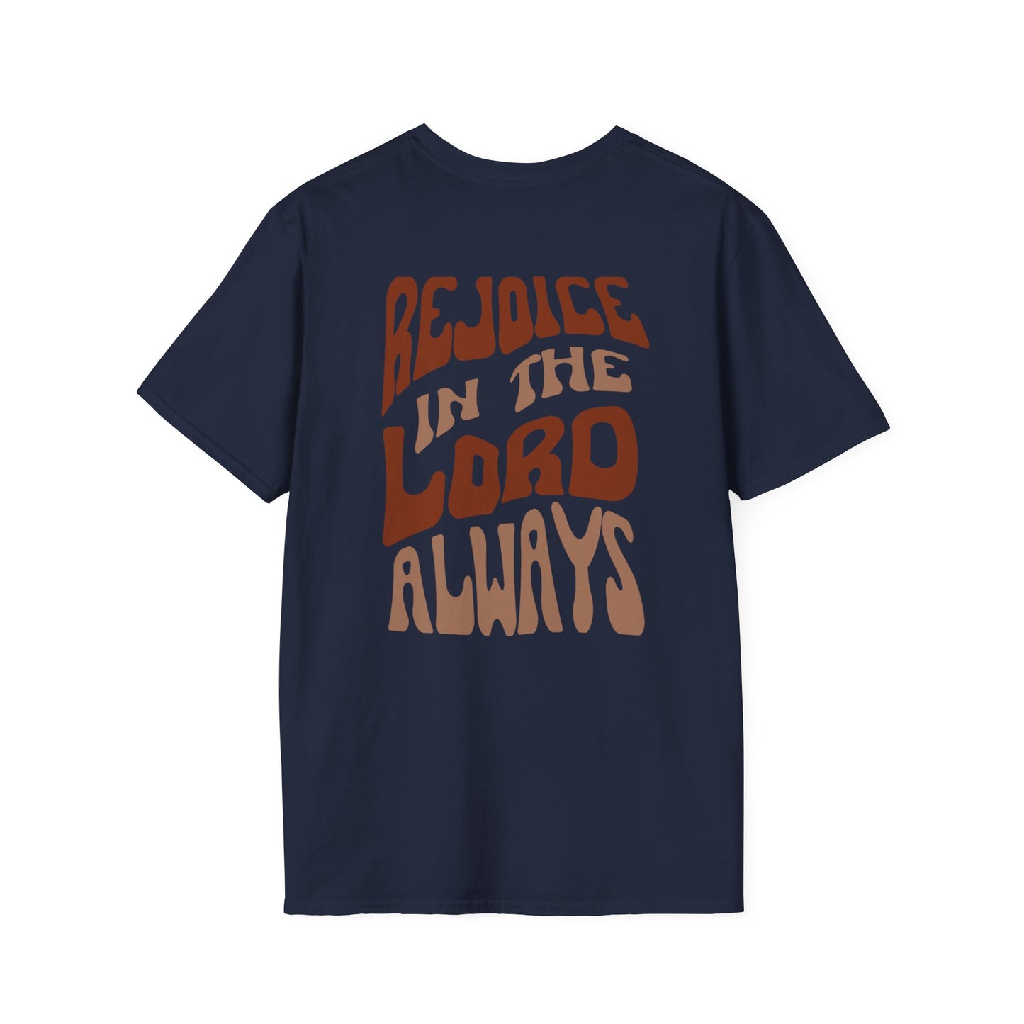 Navy Rejoice in the Lord shirt featuring colorful retro typography on the back