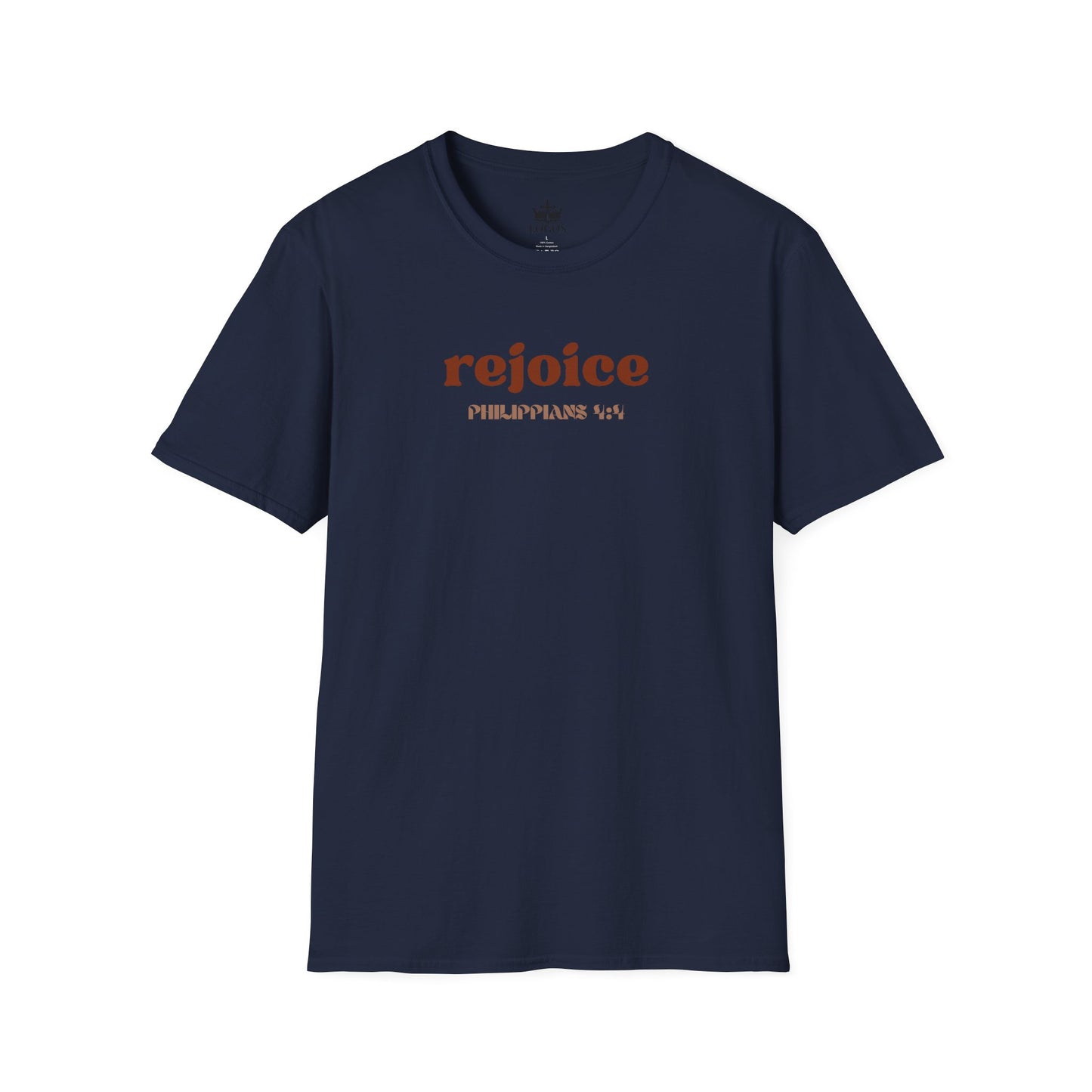 Navy Rejoice in the Lord shirt featuring Philippians 4:4 for casual and uplifting style