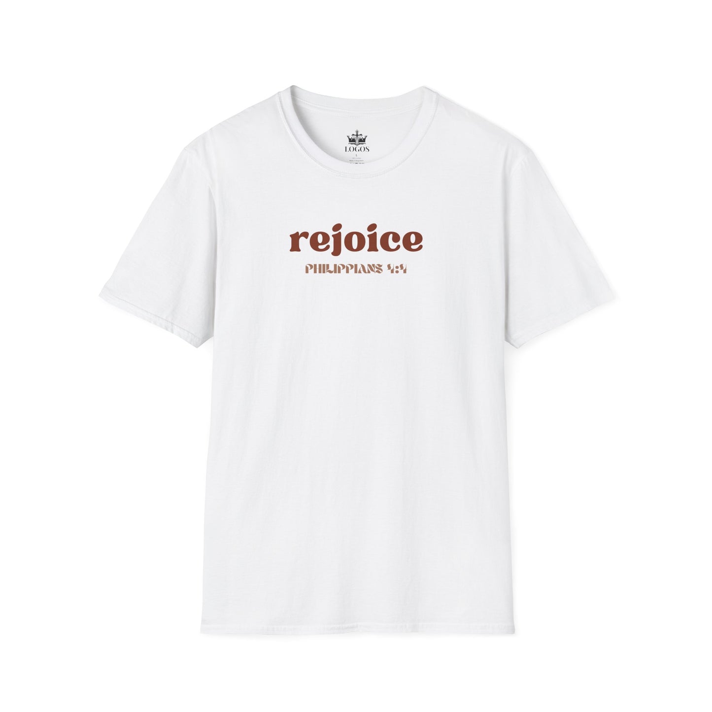 White Rejoice in the Lord shirt with stylish typography and comfortable fit for everyday wear
