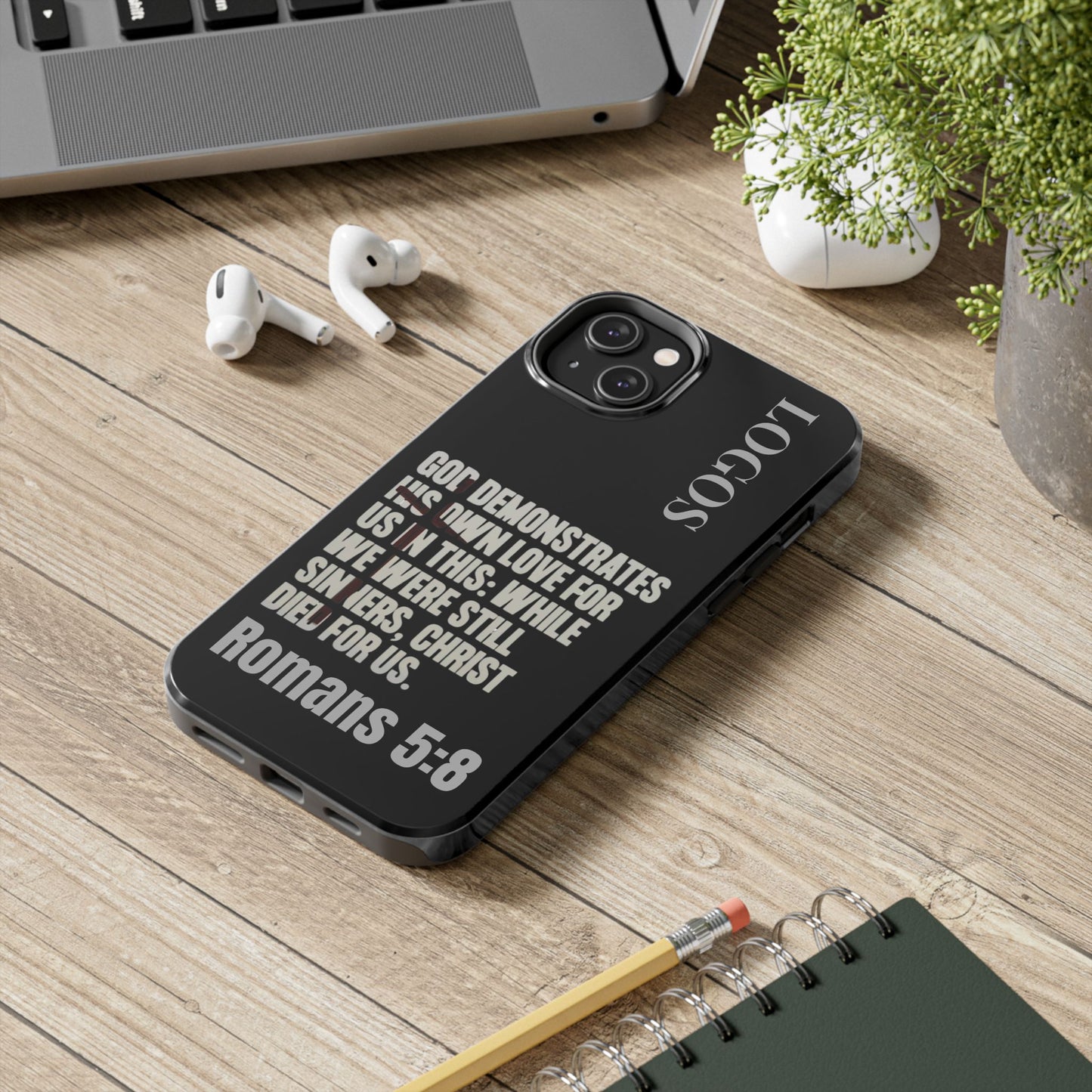 Black Romans 5:8 phone case by Logos with faith-based biblical scripture design for iPhone