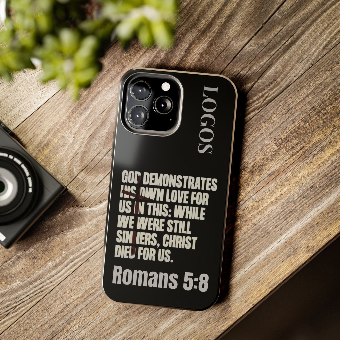 Black Romans 5:8 phone case by Logos with inspirational Bible verse and protective design