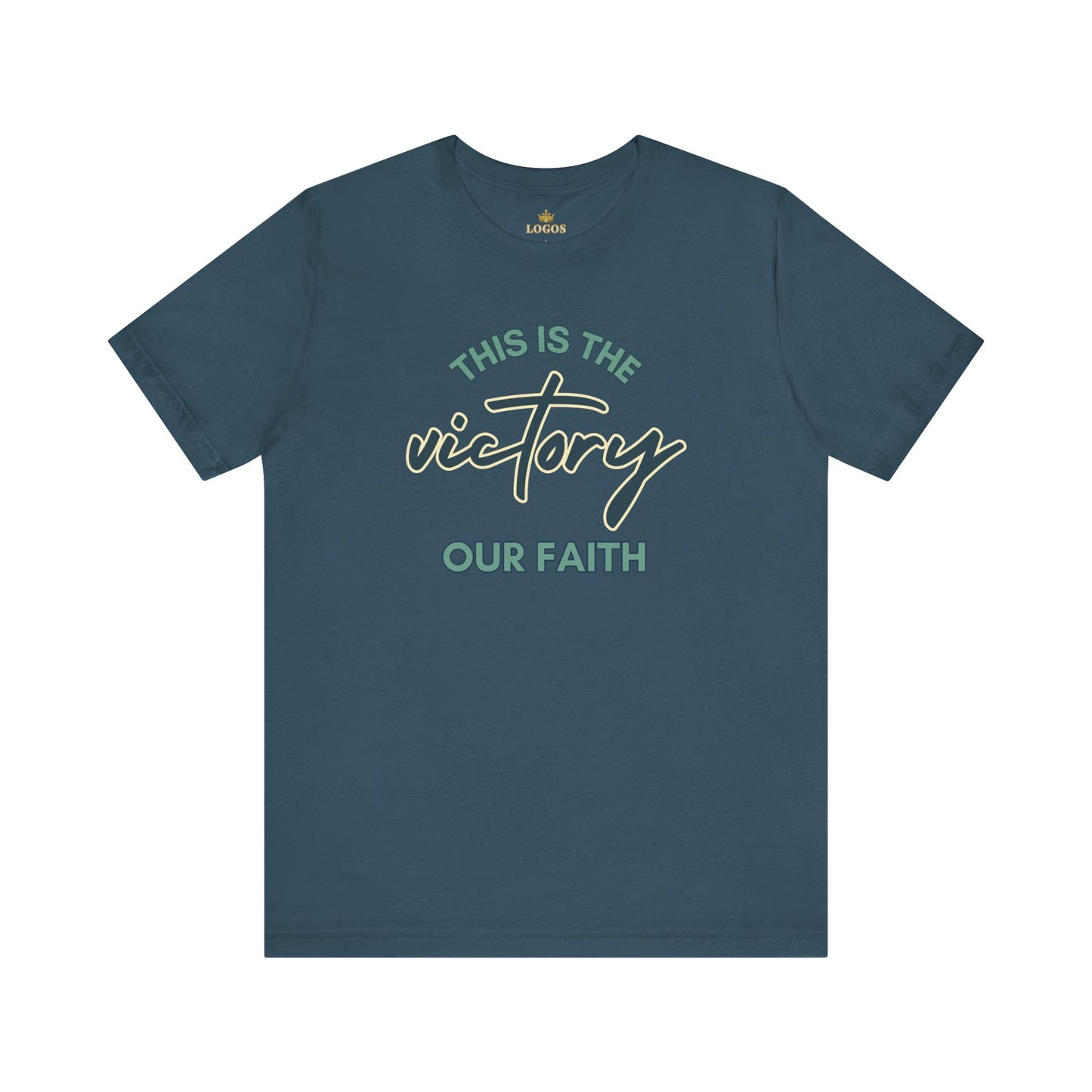 Logos This Is The Victory T-shirt in dark blue with faith-themed graphic text design