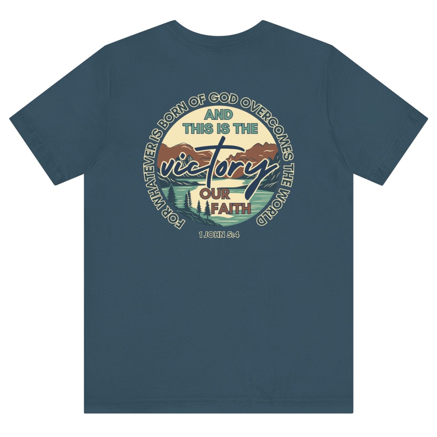 Logos This Is The Victory T-shirt with faith and victory graphic on indigo blue background