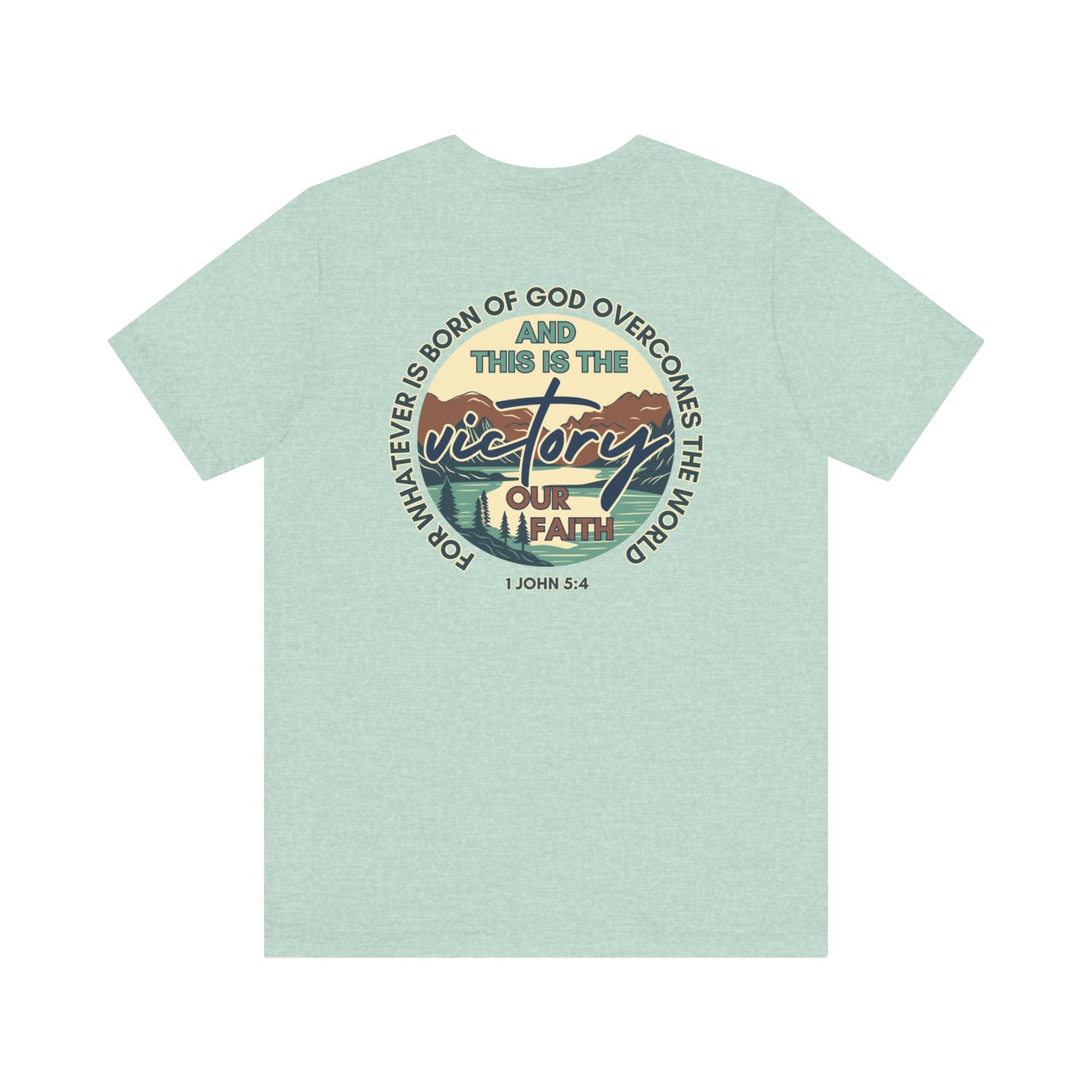 Mint green This Is The Victory T-shirt by Logos with faith and victory graphic design on the back