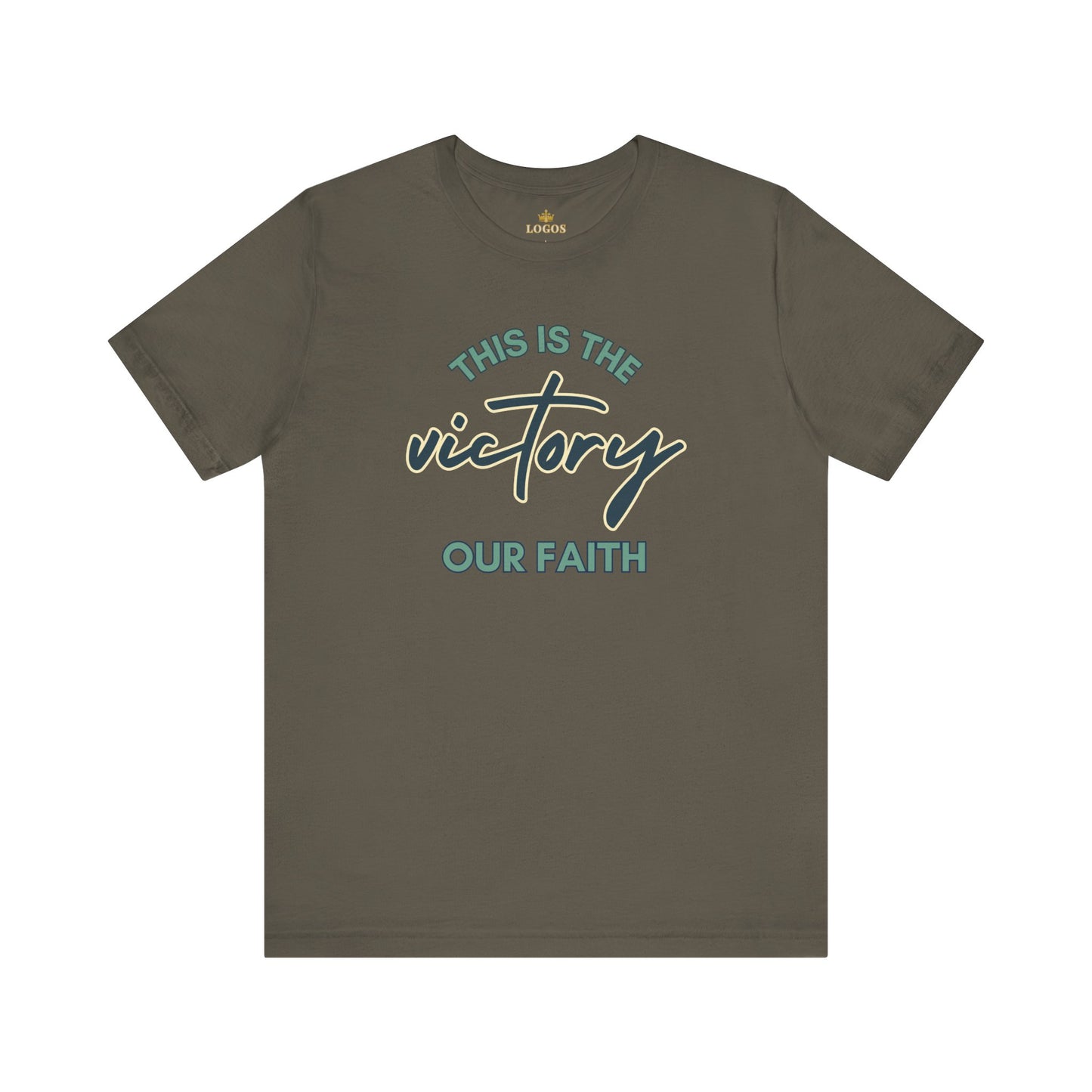 Logos This Is The Victory T-shirt in olive green with faith-inspired graphic text design