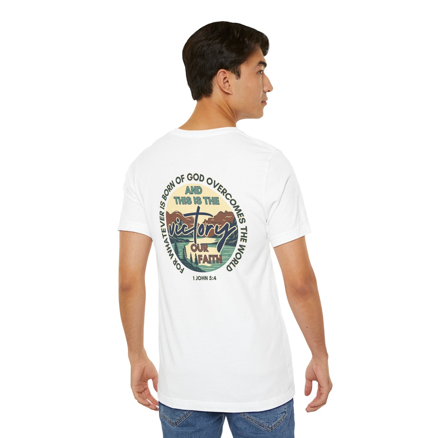 Logos This Is The Victory T-shirt white with inspirational religious graphic on back worn by male model