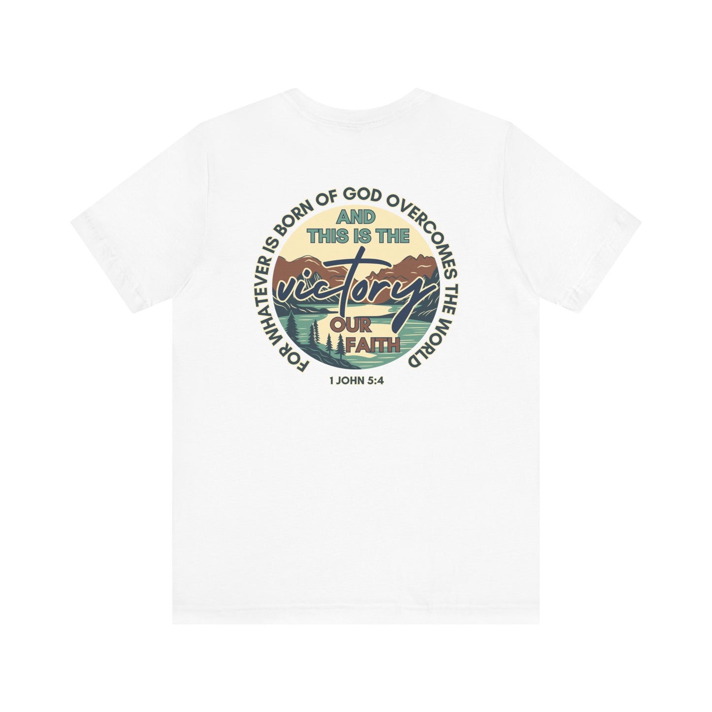 White Logos This Is The Victory T-shirt with inspirational faith quote and graphic design on back