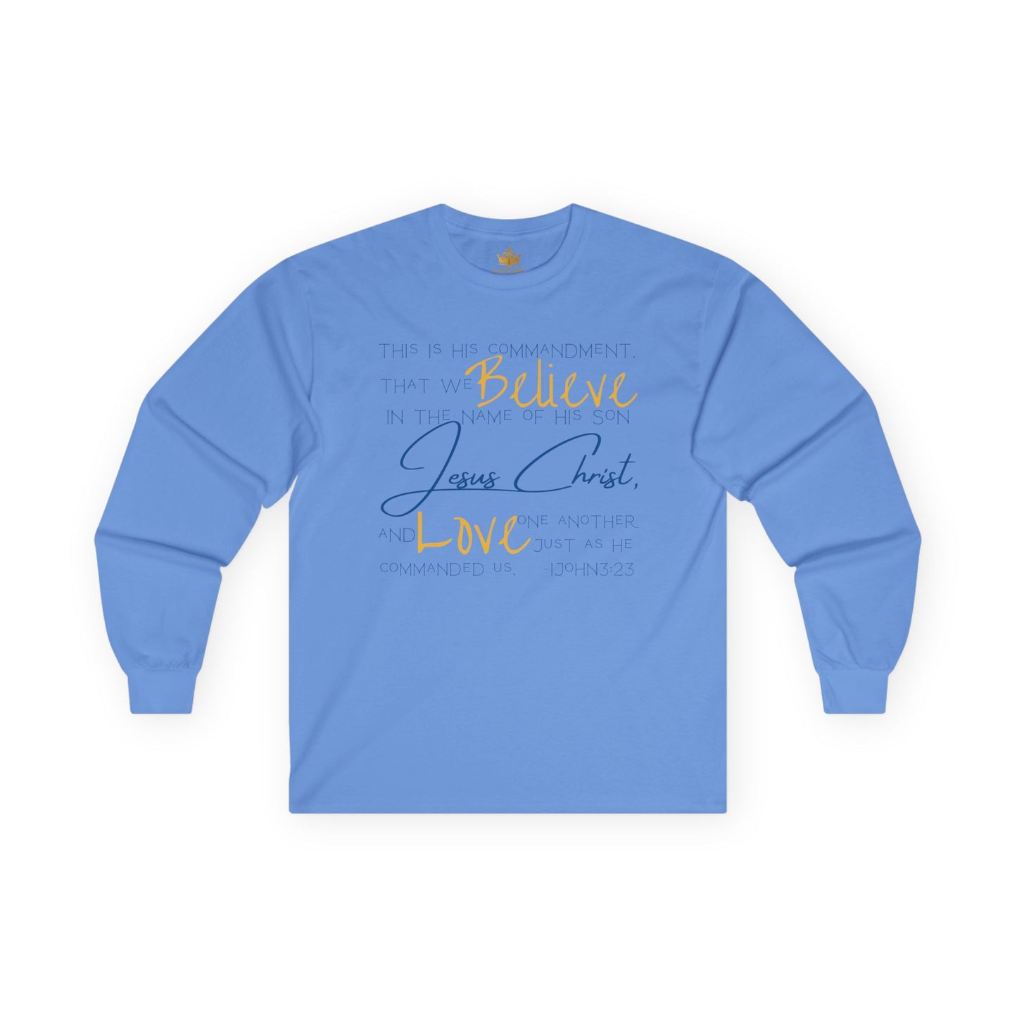 Blue long-sleeve Love One Another tee with inspirational text about Jesus Christ