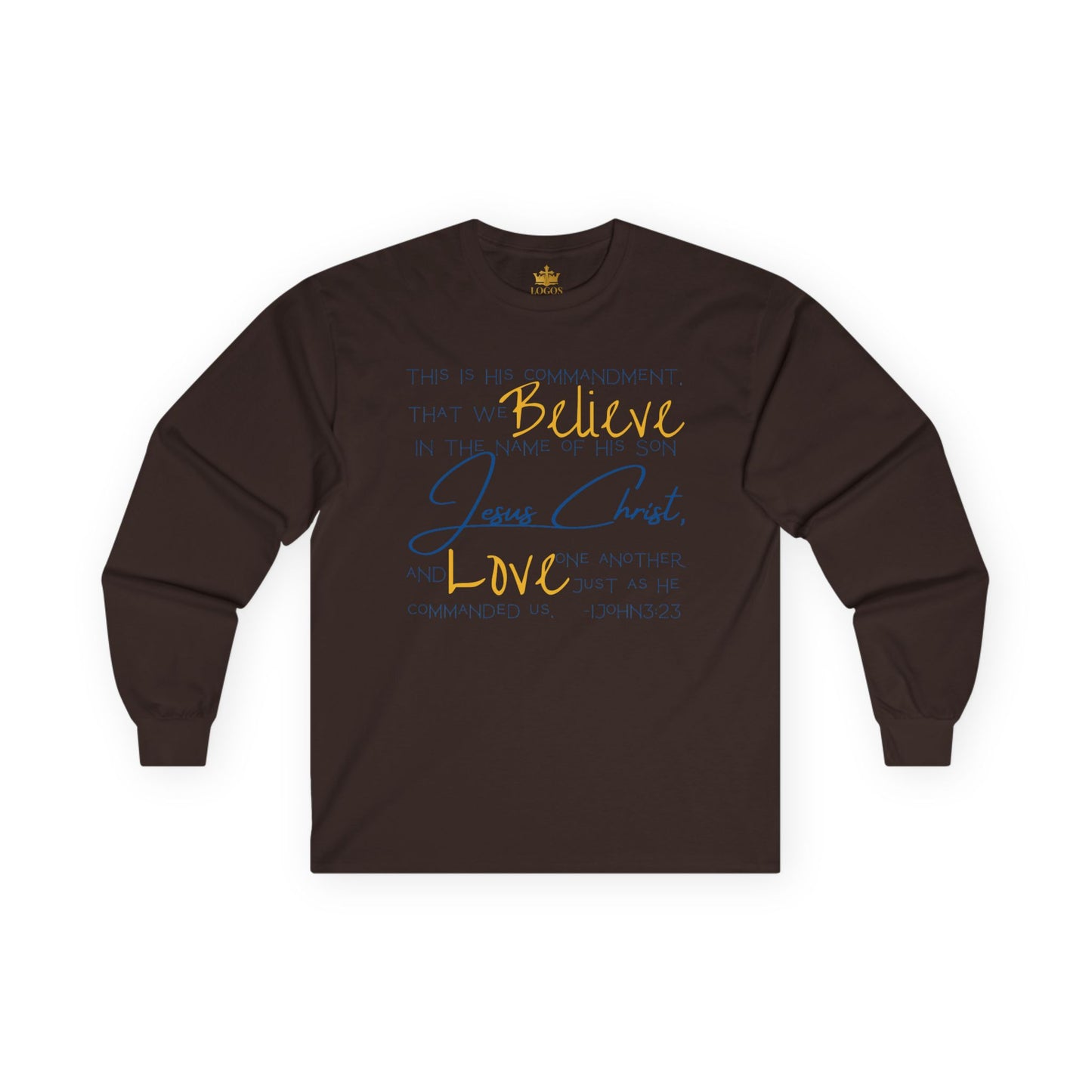 Brown Long-Sleeve Love One Another tee with inspirational text about faith and unity