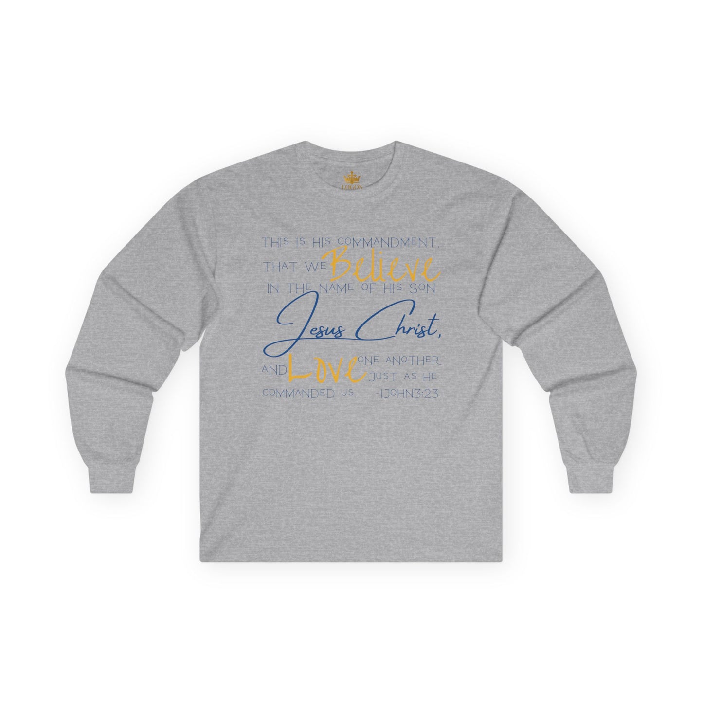 Light gray long-sleeve Love One Another tee with inspirational Jesus Christ message