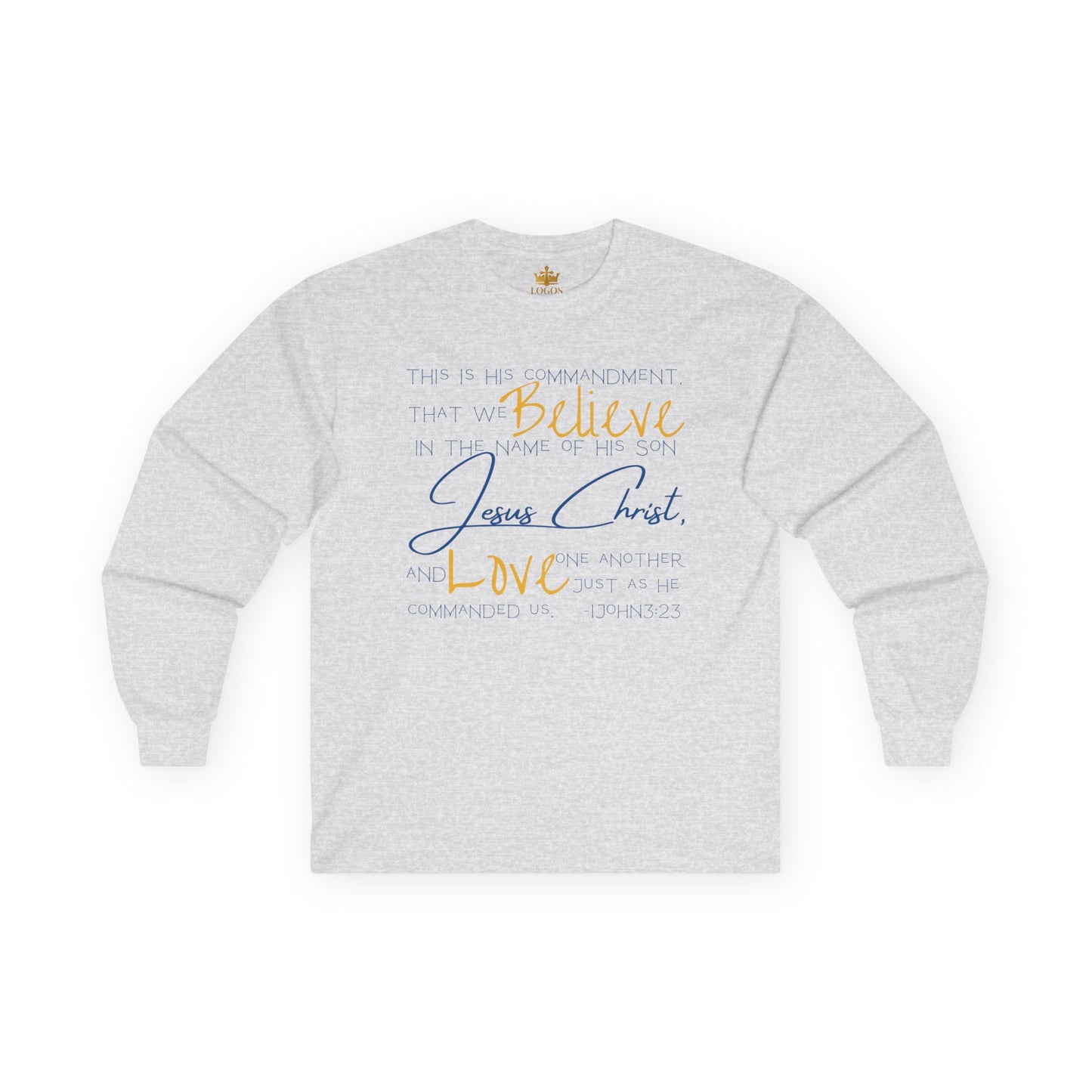 Gray Long-Sleeve Love One Another tee featuring inspirational text about faith and love
