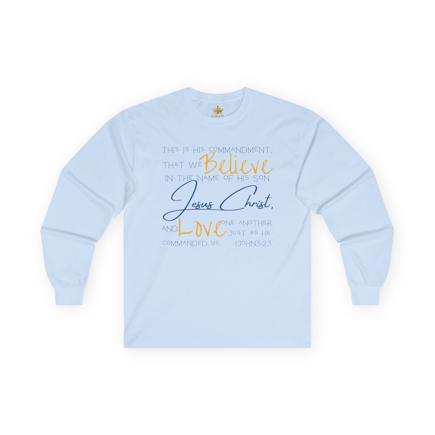 Light blue long-sleeve Love One Another tee with inspiring scripture and stylish design