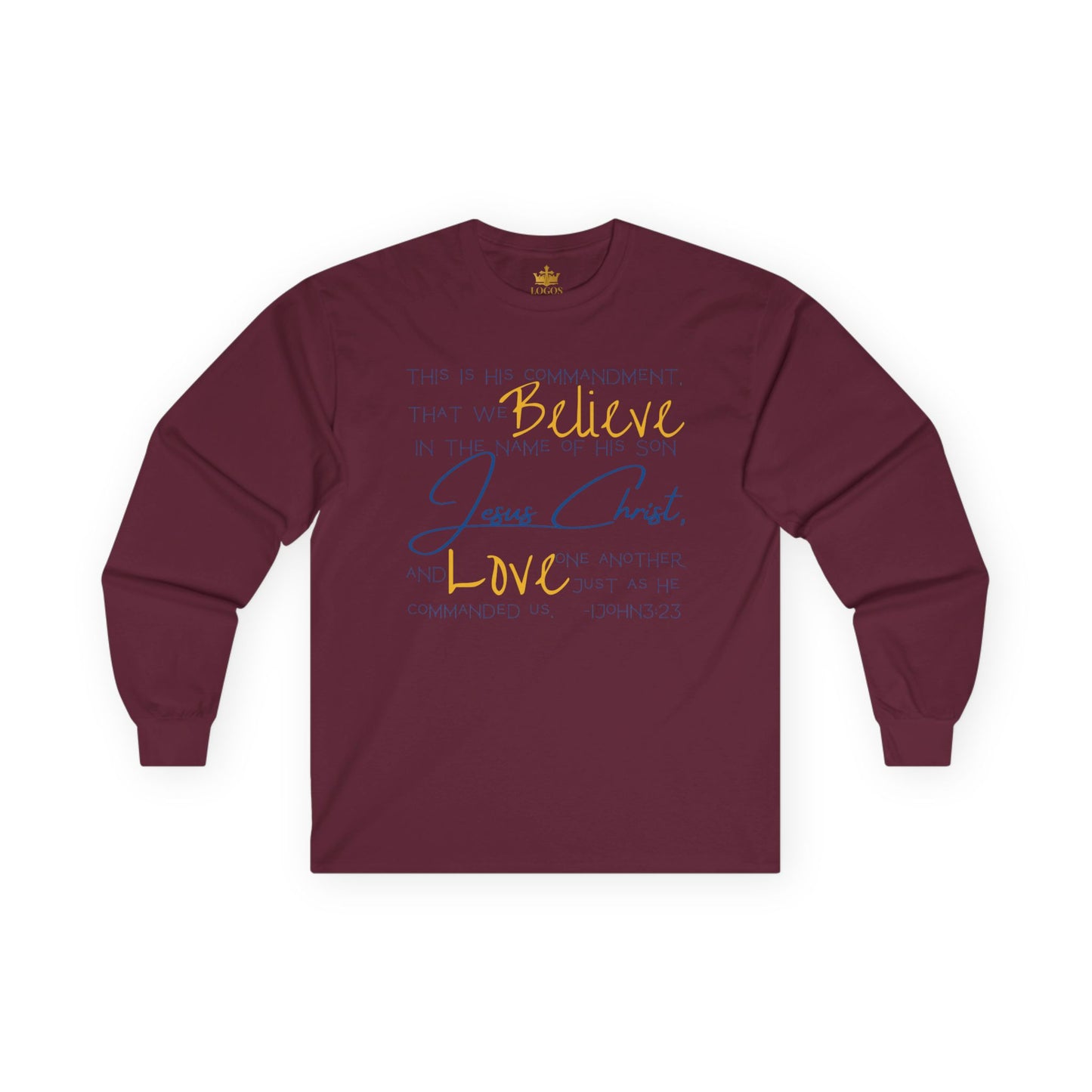 Burgundy long-sleeve Love One Another tee featuring inspirational text about faith and love