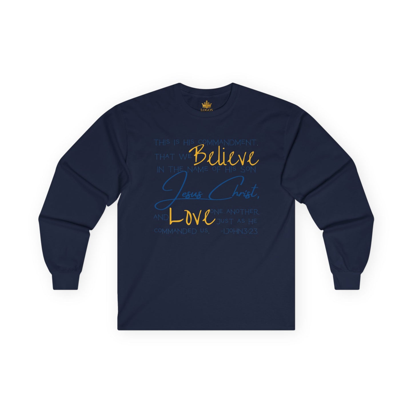 Navy Long-Sleeve Love One Another tee with inspirational text design by Printify