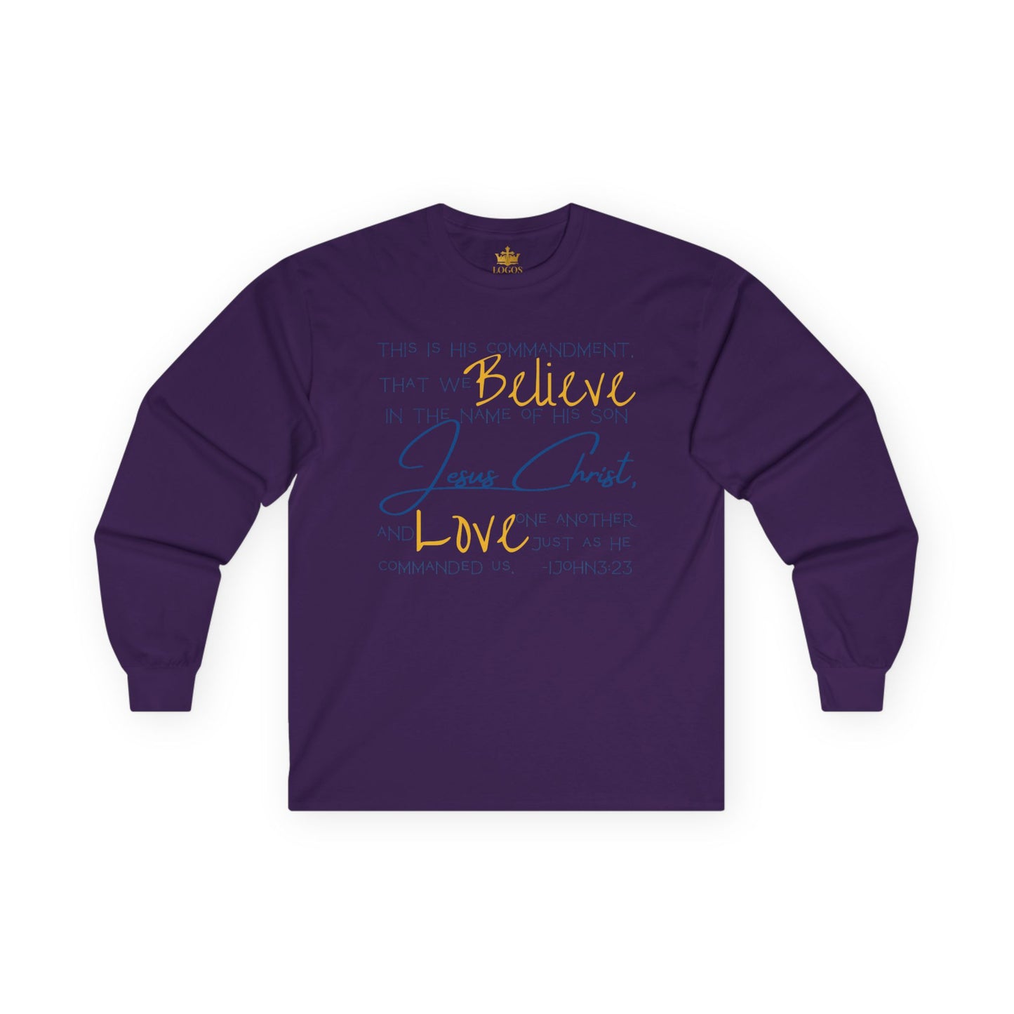 Purple Long Sleeve Love One Another tee with inspirational text about belief in Jesus Christ