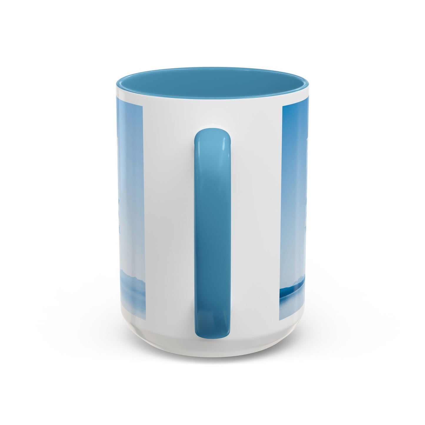 Matthew 5:4 Scripture coffee mug with a blue interior and scenic beach design