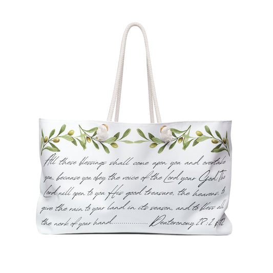 Obey and Be Blessed tote bag featuring inspirational scripture and floral design for everyday use