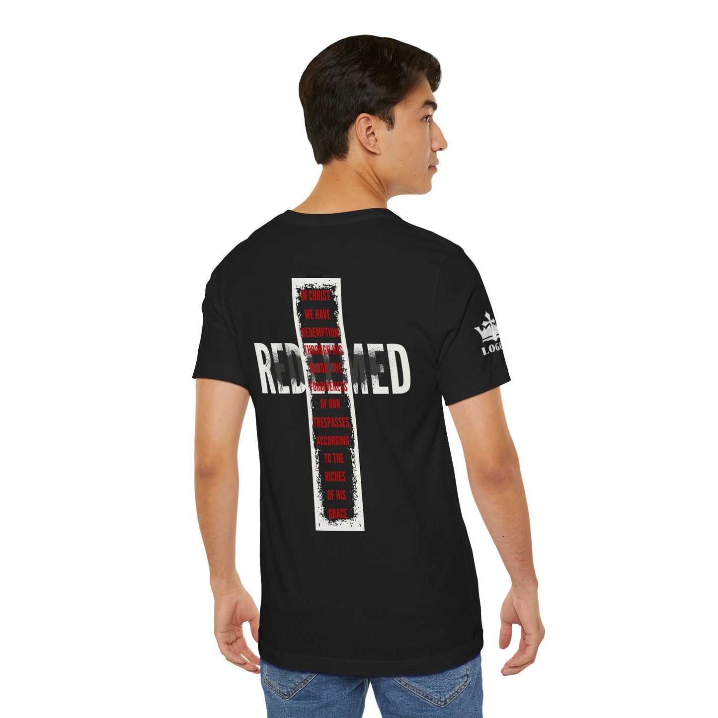 Back view of black Redeemed t-shirt featuring bold text design and unique graphics