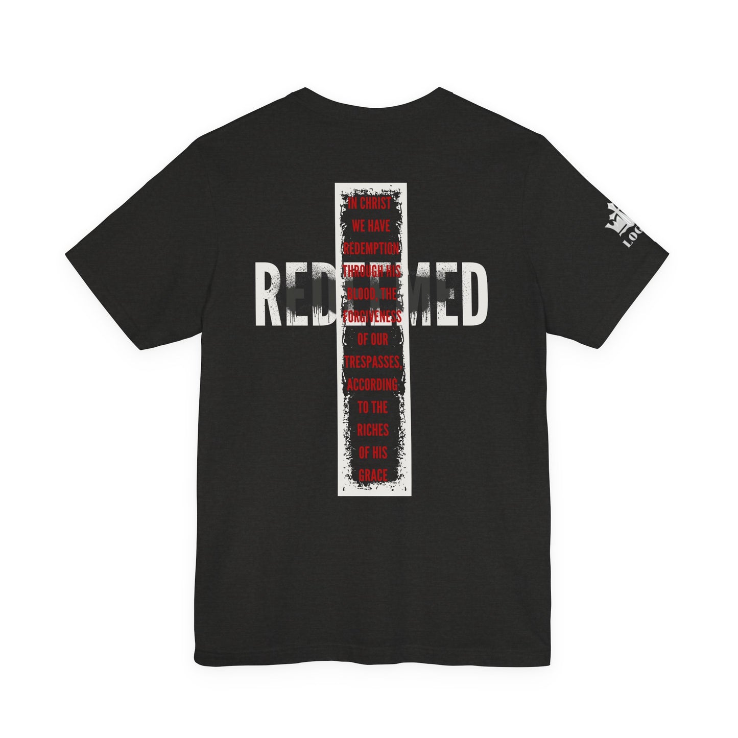 Black Redeemed t-shirt featuring bold text and inspirational design on the back