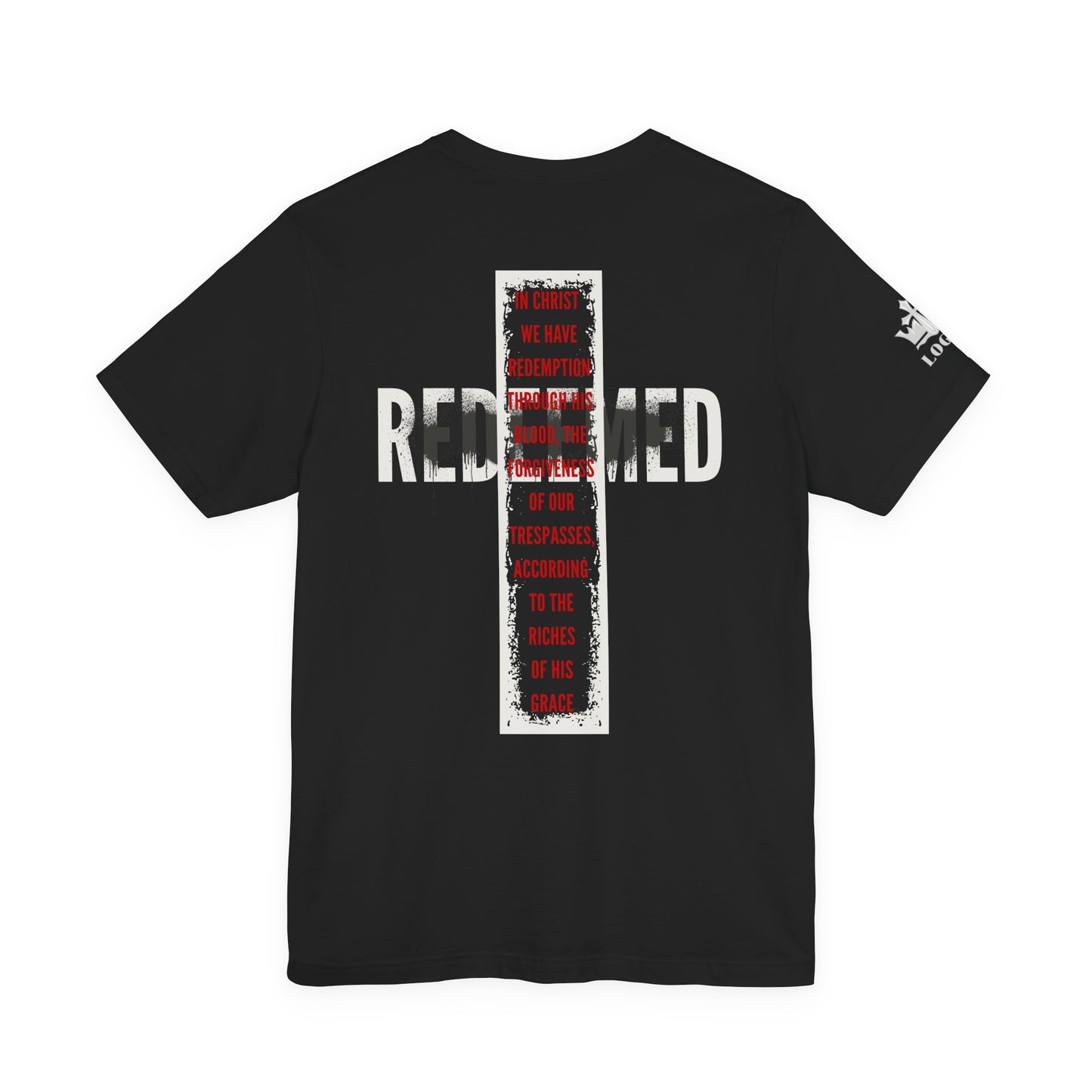 Black Redeemed t-shirt featuring a bold cross design and inspiring text on the back