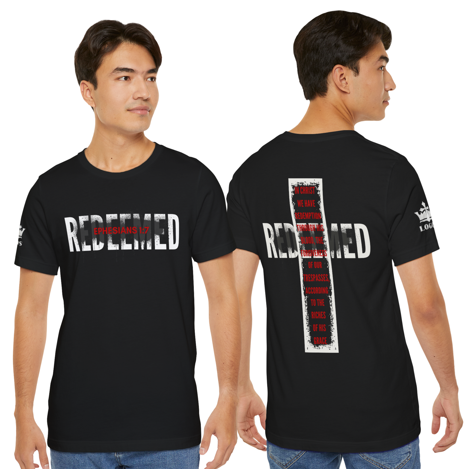 Black Redeemed t-shirt featuring text and cross design for a stylish faith-based look