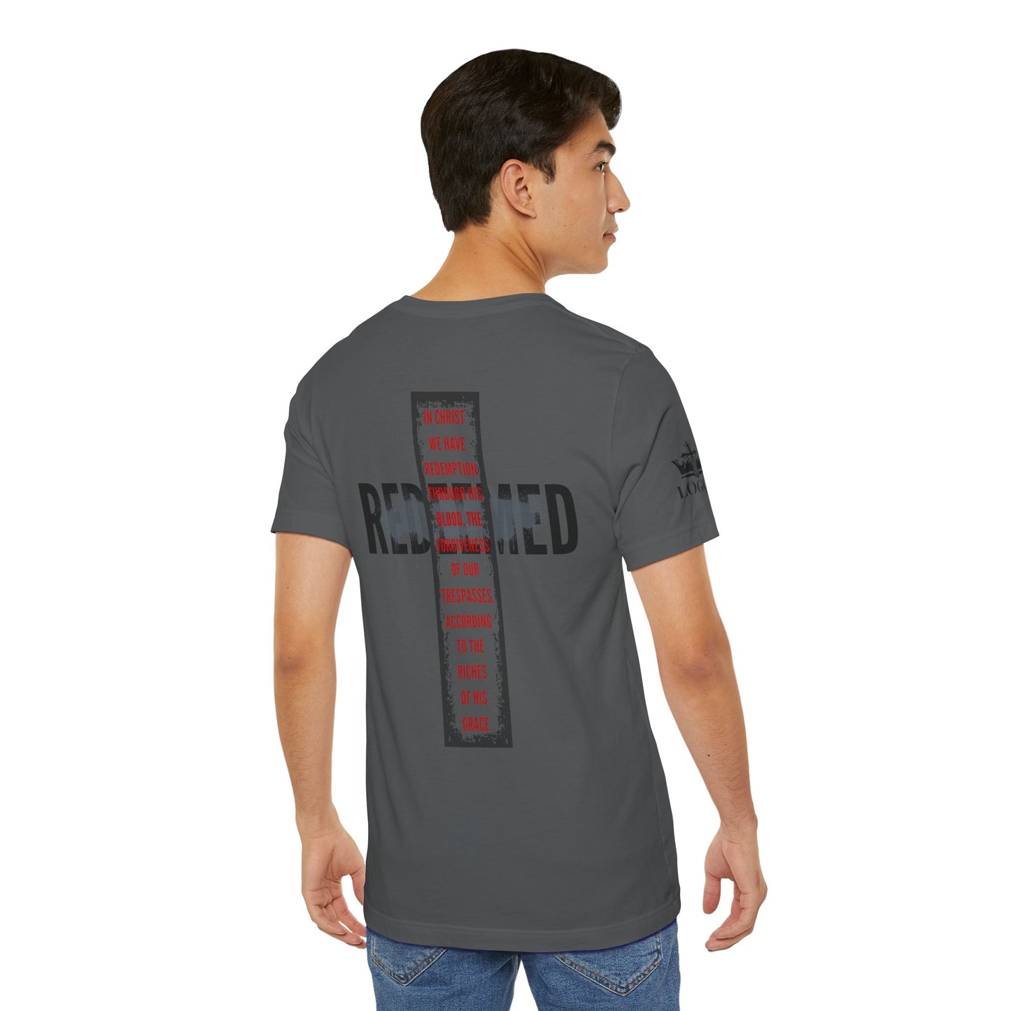 Men's gray Redeemed t-shirt featuring bold text design on the back for a stylish look