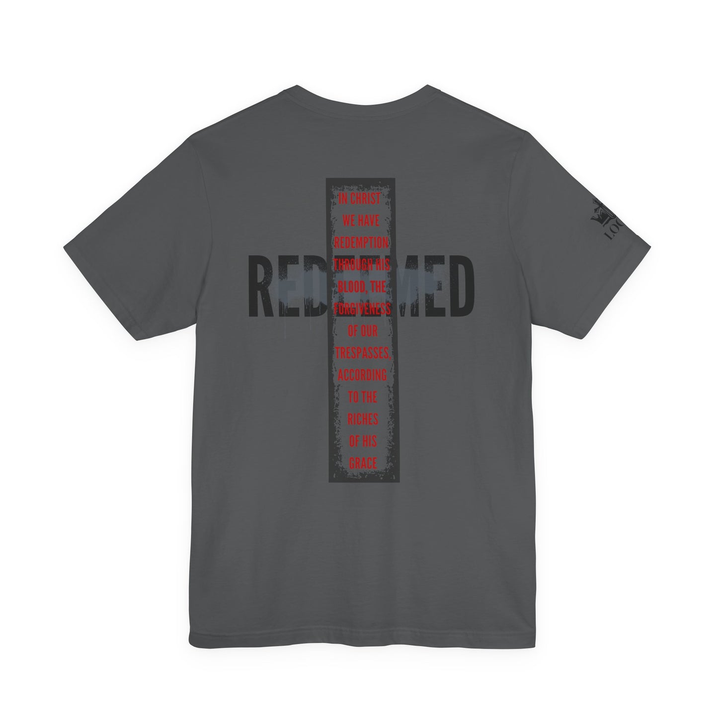 Redeemed t-shirt in gray with inspirational text and cross design on the back