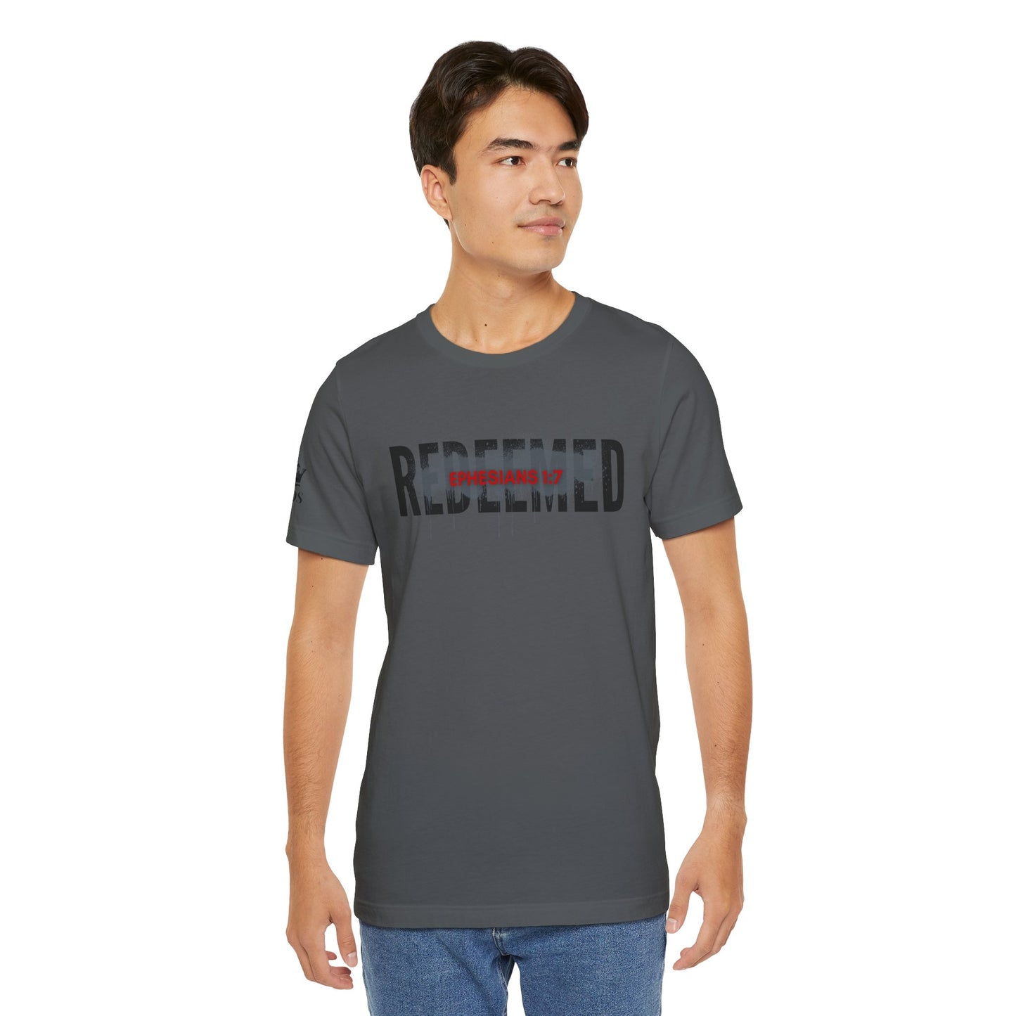 Charcoal Redeemed t-shirt featuring bold text, perfect for casual wear and expressing your beliefs