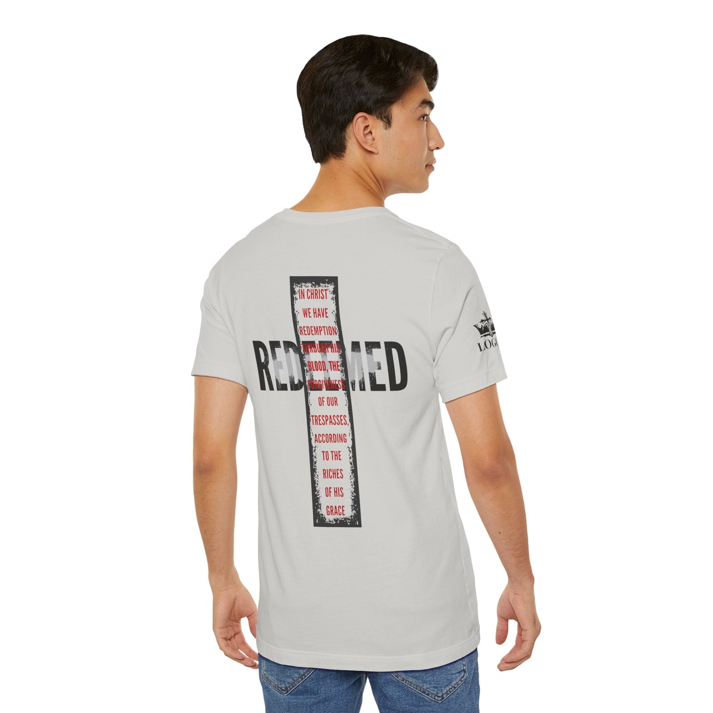 Men's Redeemed t-shirt featuring a bold graphic design on the back and light gray color