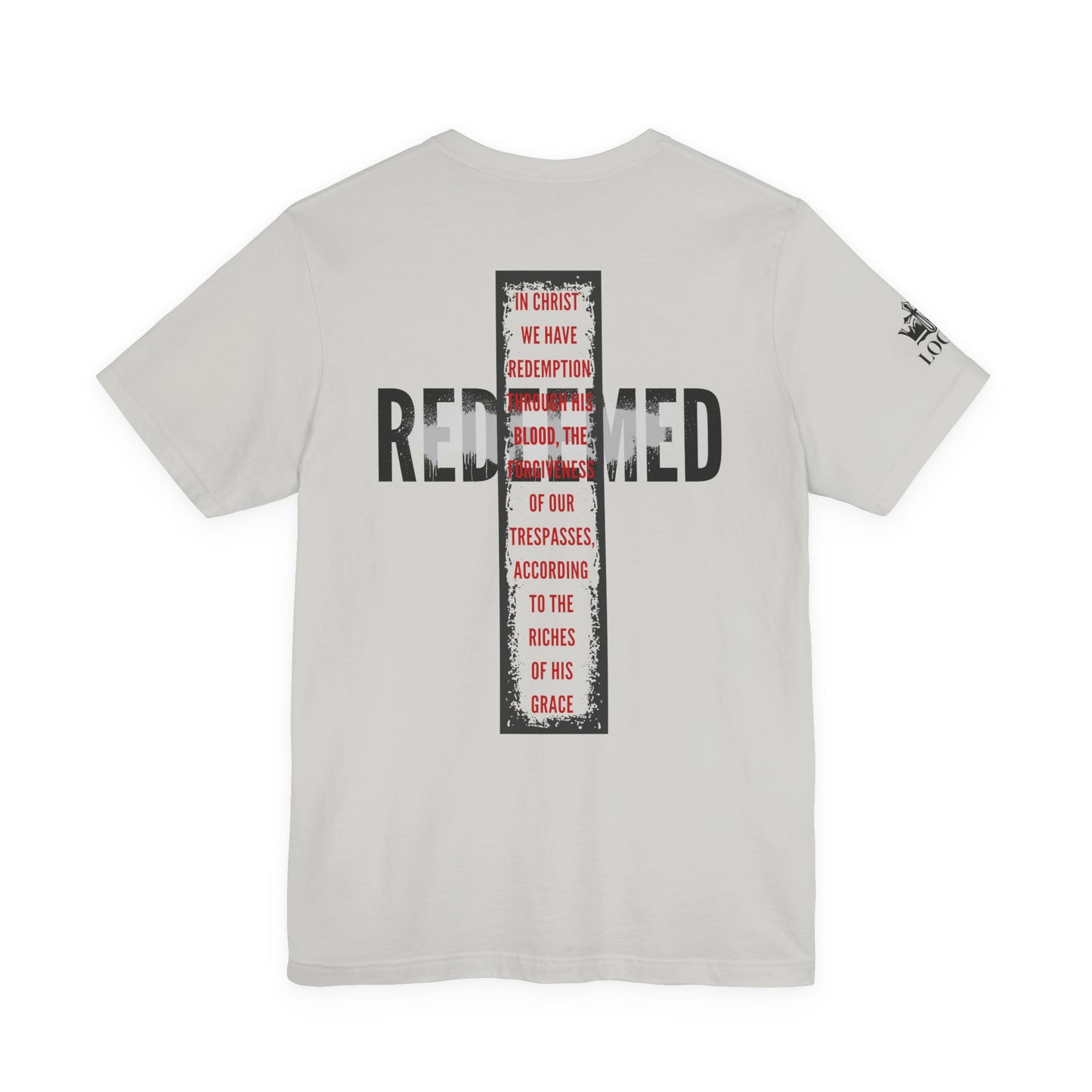 Back view of a Redeemed t-shirt featuring a cross design with biblical text and bold lettering