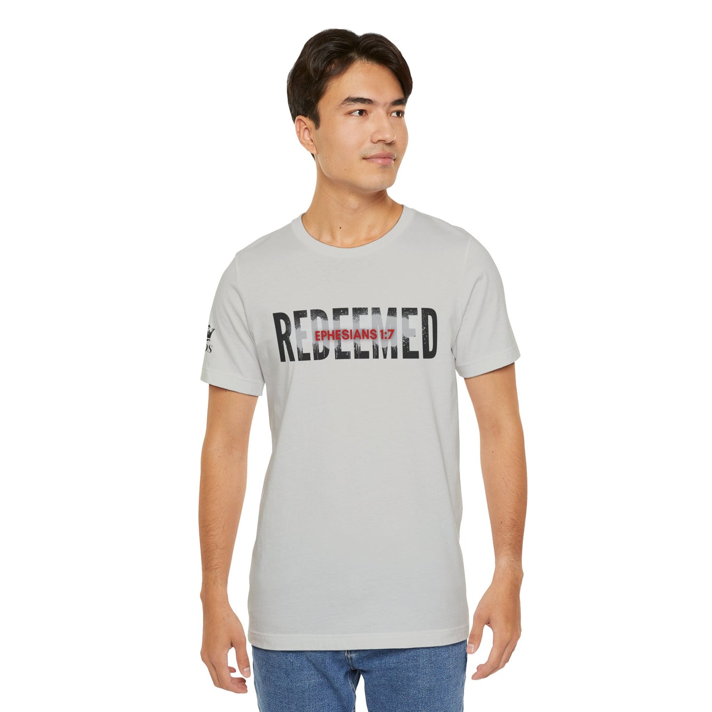 Light gray Redeemed t-shirt featuring Ephesians 1:7 design for casual wear and comfort