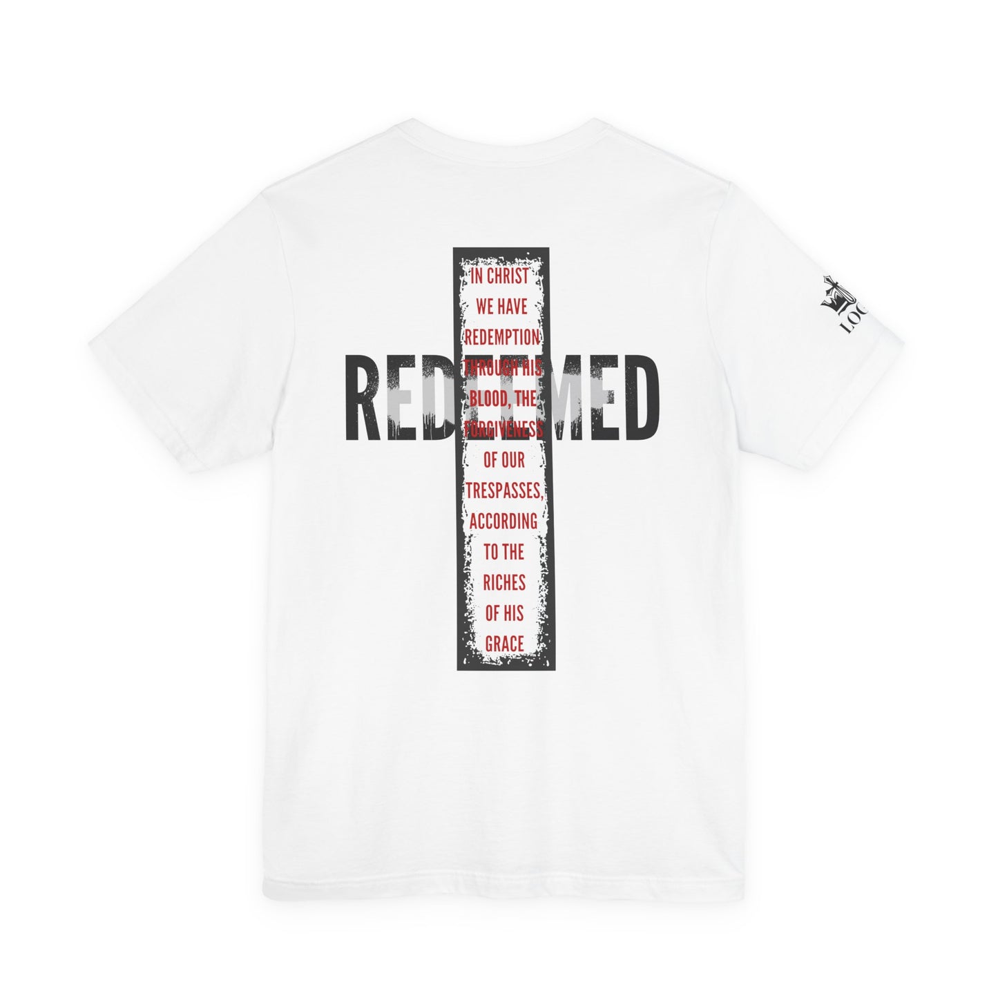 Redeemed t-shirt featuring a bold back design with red and black text on a white fabric