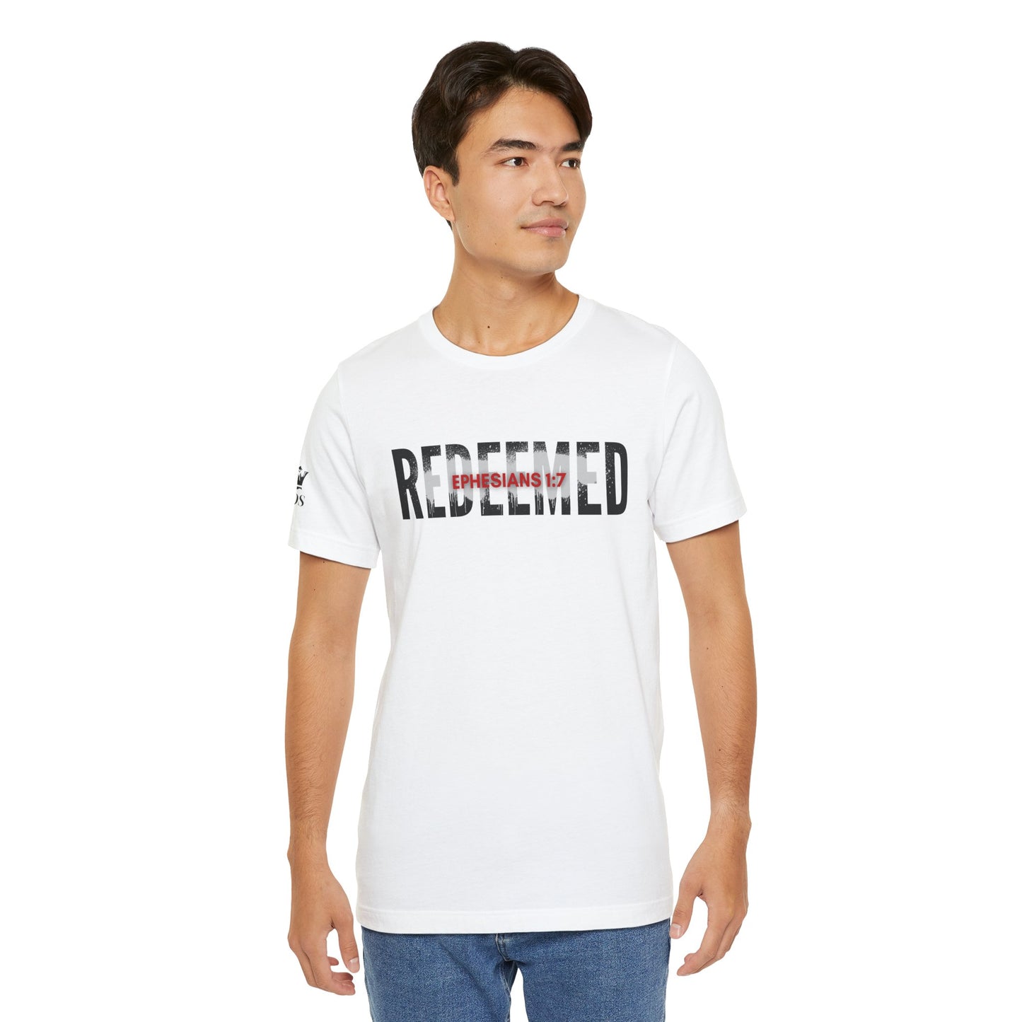 White Redeemed t-shirt featuring Ephesians 1:7 graphic for stylish everyday wear