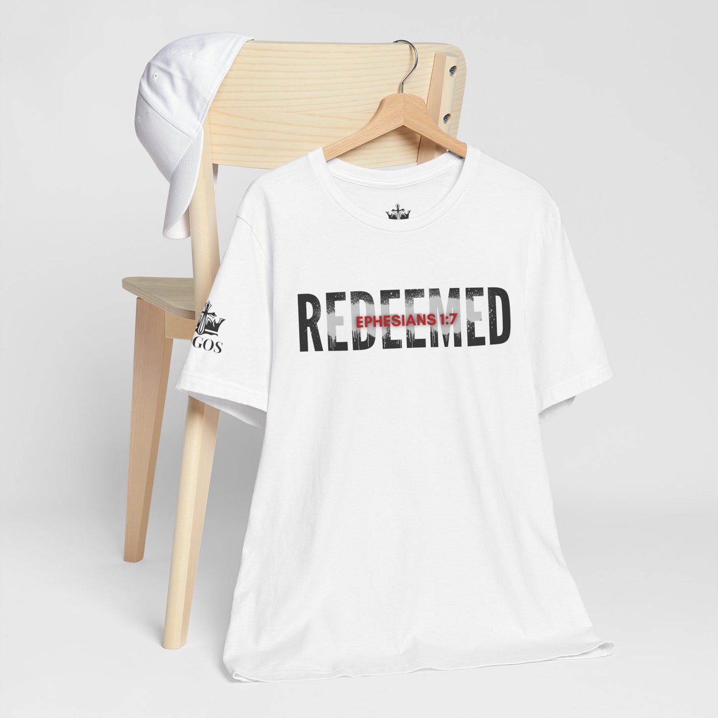 Redeemed t-shirt in white featuring Ephesians 1:7 design, perfect for casual wear and faith-based fashion