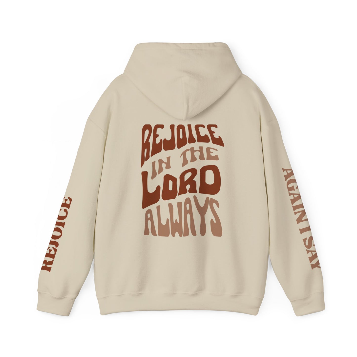 Rejoice in the Lord sweatshirt in beige with bold lettering and comfortable fit for casual wear.