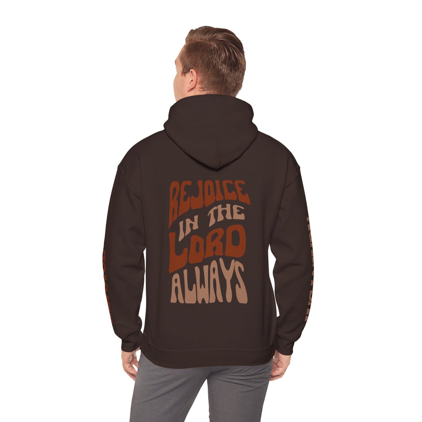 Back view of a Rejoice in the Lord sweatshirt with bold, colorful text on a black hoodie