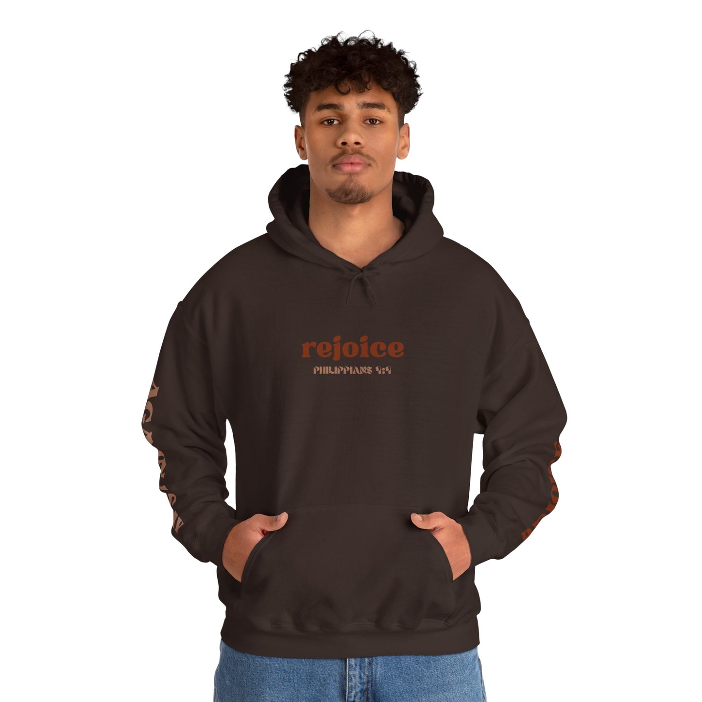 Rejoice in the Lord sweatshirt in black featuring a stylish design and front kangaroo pocket