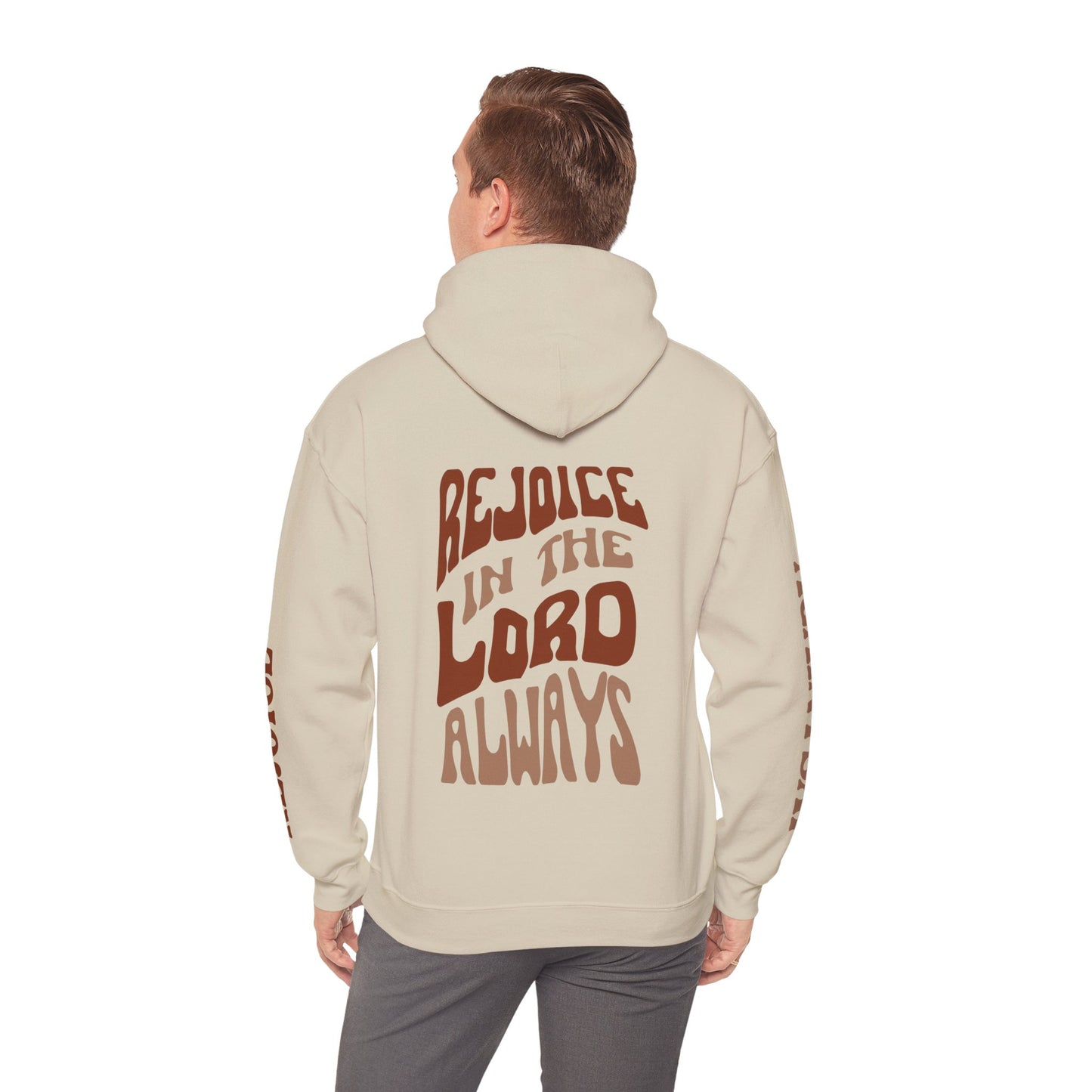 Cream-colored hoodie featuring 'Rejoice in the Lord sweatshirt' design on the back for comfortable wear