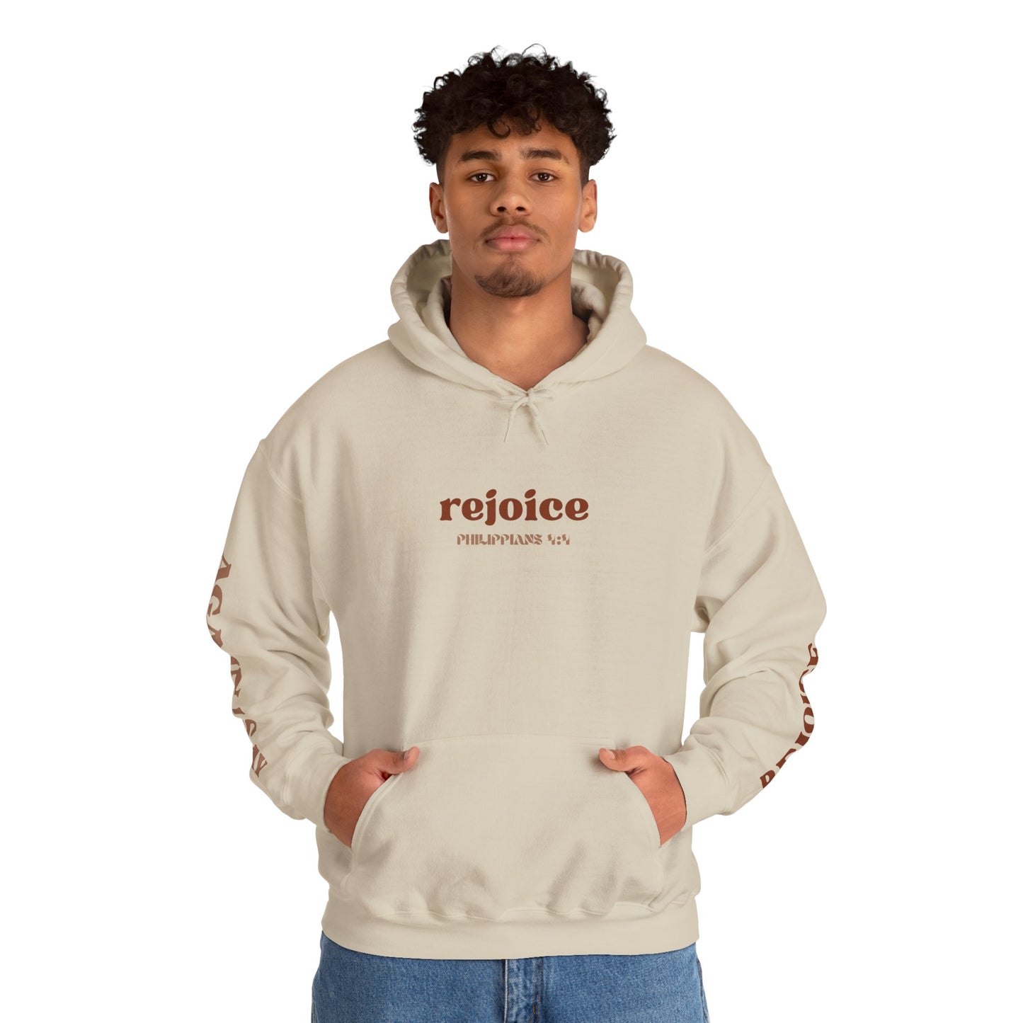 Beige Rejoice in the Lord sweatshirt with front pocket and stylish design