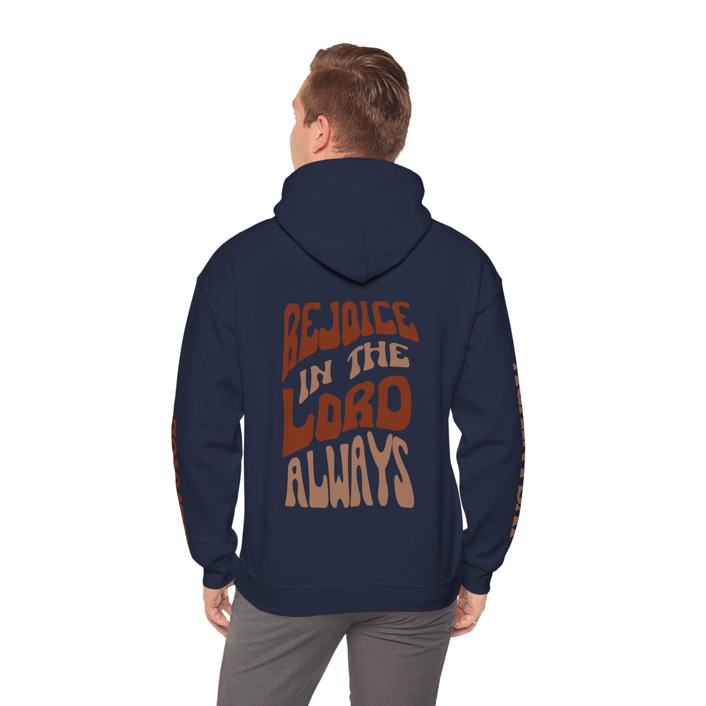 Navy Rejoice in the Lord sweatshirt featuring vibrant back graphic for casual comfort