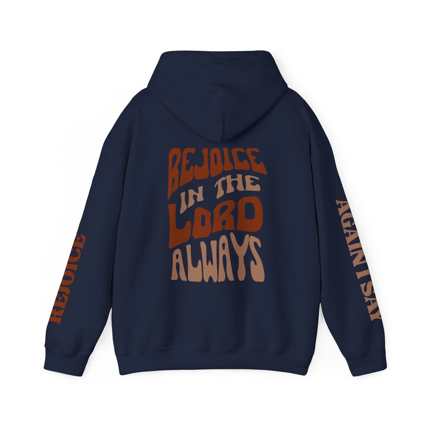 Navy Rejoice in the Lord sweatshirt with vibrant lettering on the back and sleeves for a stylish look