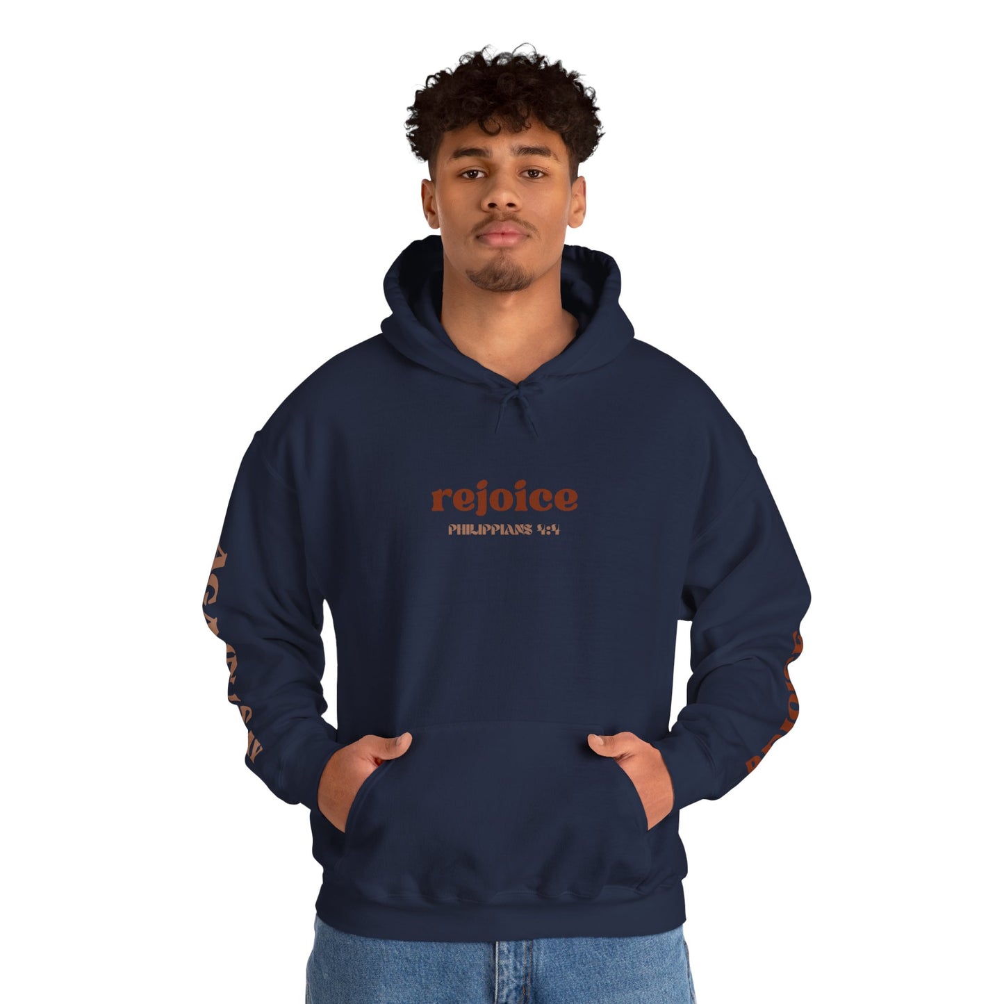 Navy blue Rejoice in the Lord sweatshirt featuring a bold front design and cozy pockets