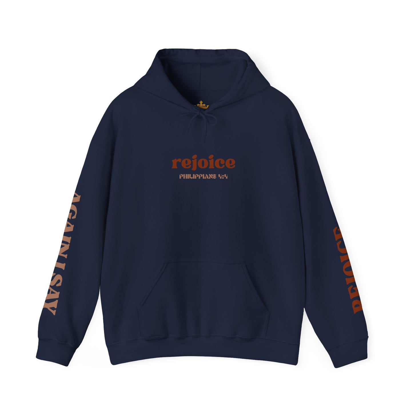 Navy Rejoice in the Lord sweatshirt with bold orange text for comfortable casual wear