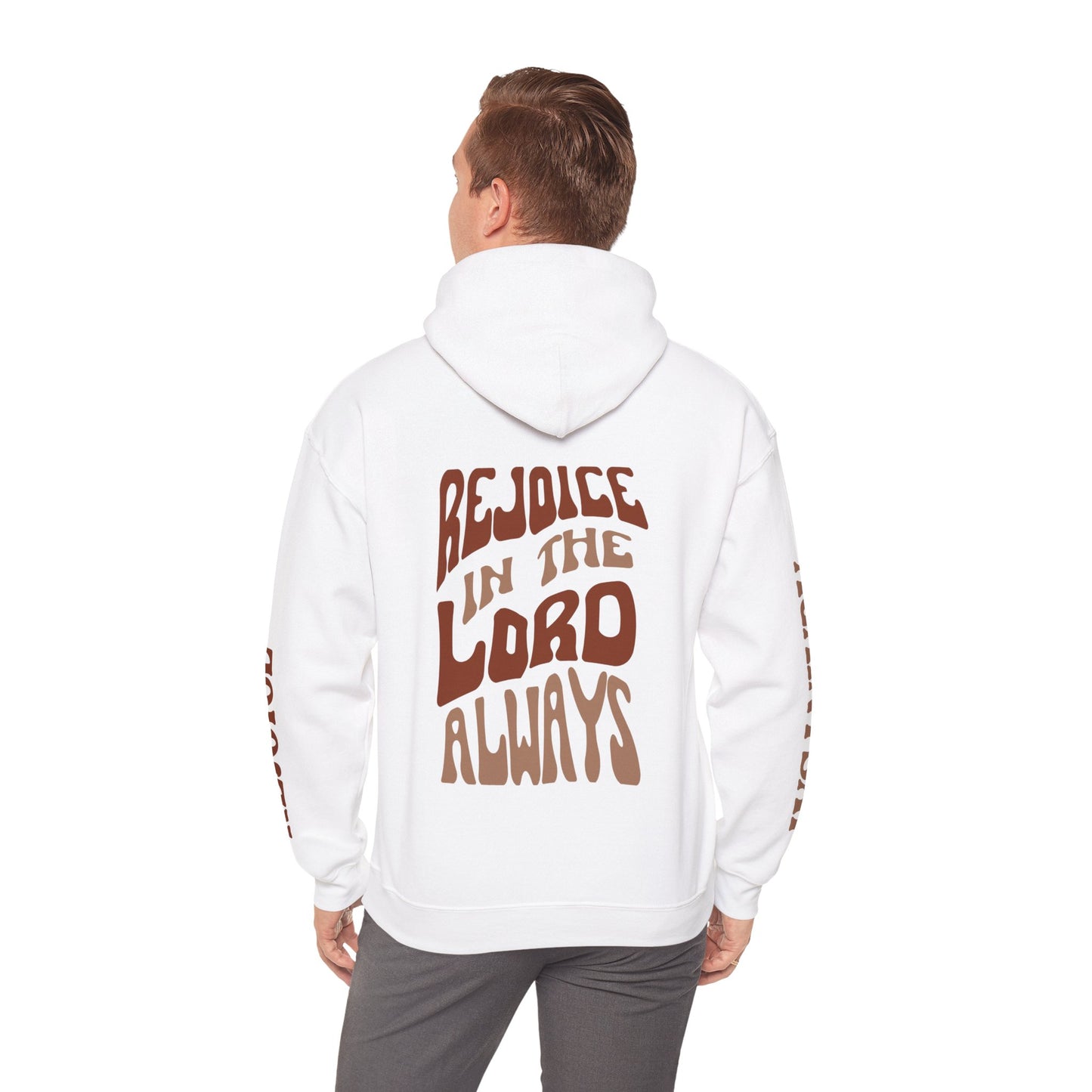 White Rejoice in the Lord sweatshirt with bold lettering on the back for a stylish look
