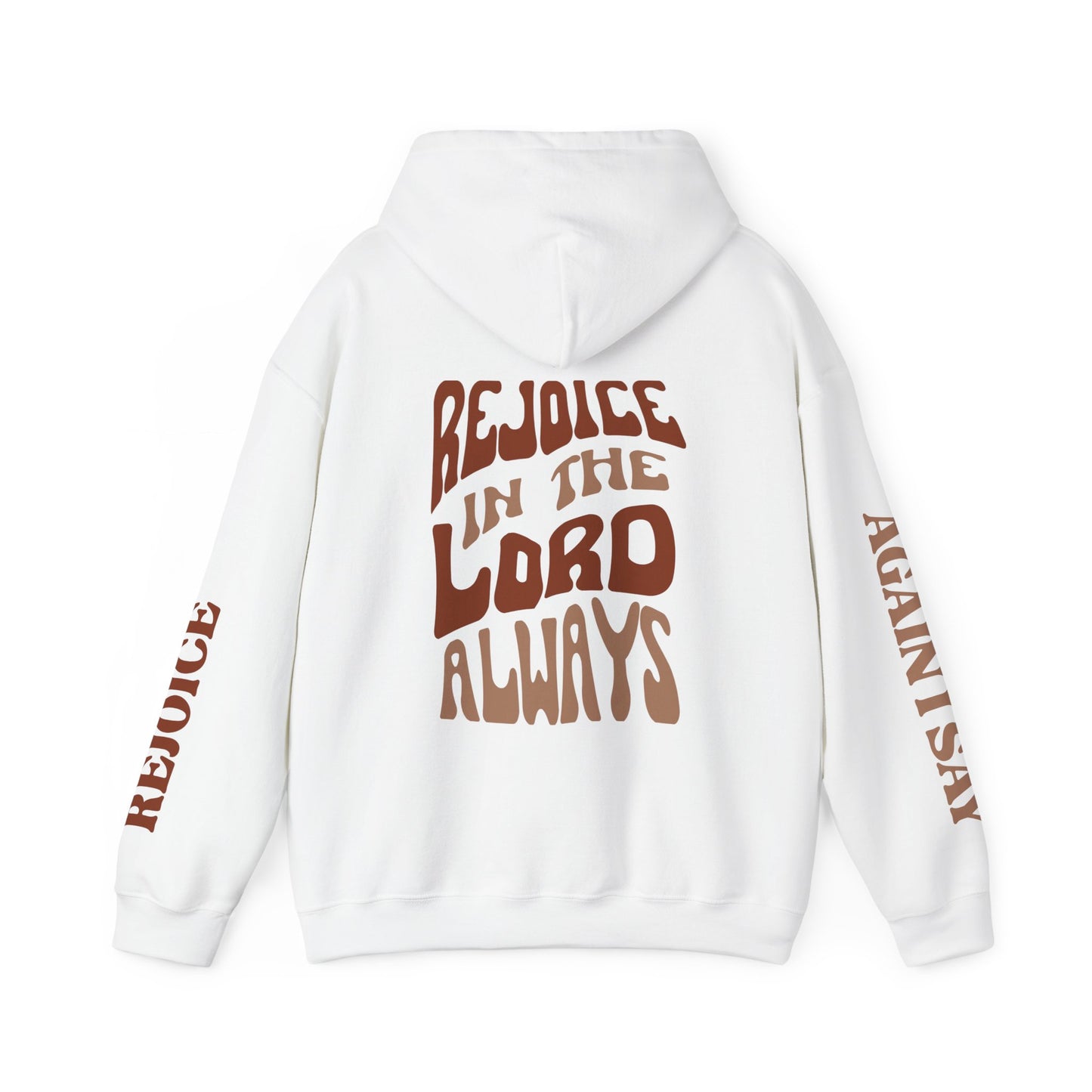 White Rejoice in the Lord sweatshirt with bold text and artistic design on the back