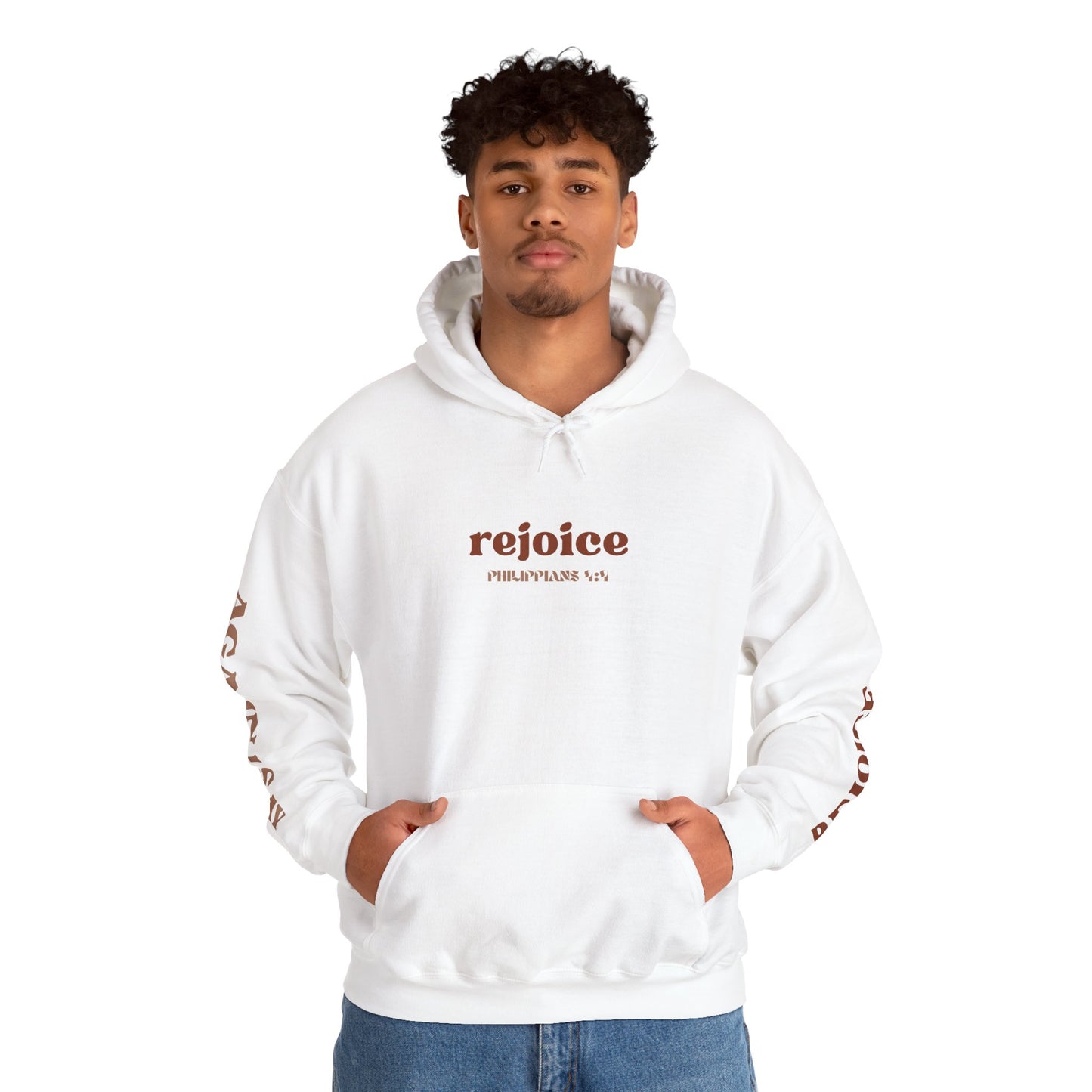 White Rejoice in the Lord sweatshirt with front pocket and comfortable fit for everyday wear